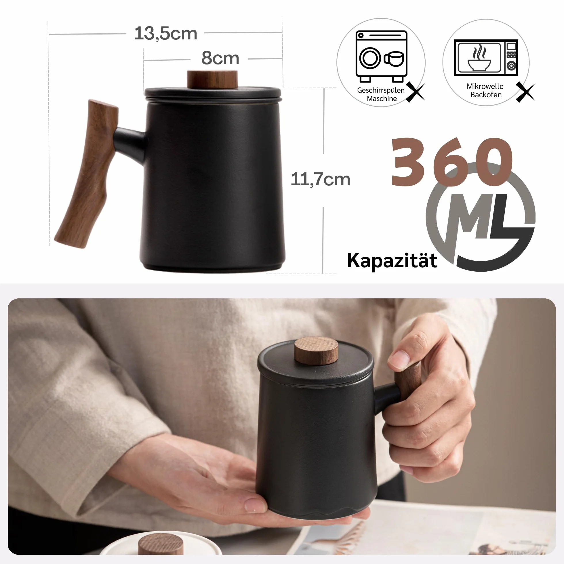 JanYoo Filiżanka do Herbaty z Pokrywką i Sitkiem, 360 ml, Uchwyt z Palisandru, Ceramiczna, Matowa, Kamionkowa, Glazurowana, Czarna