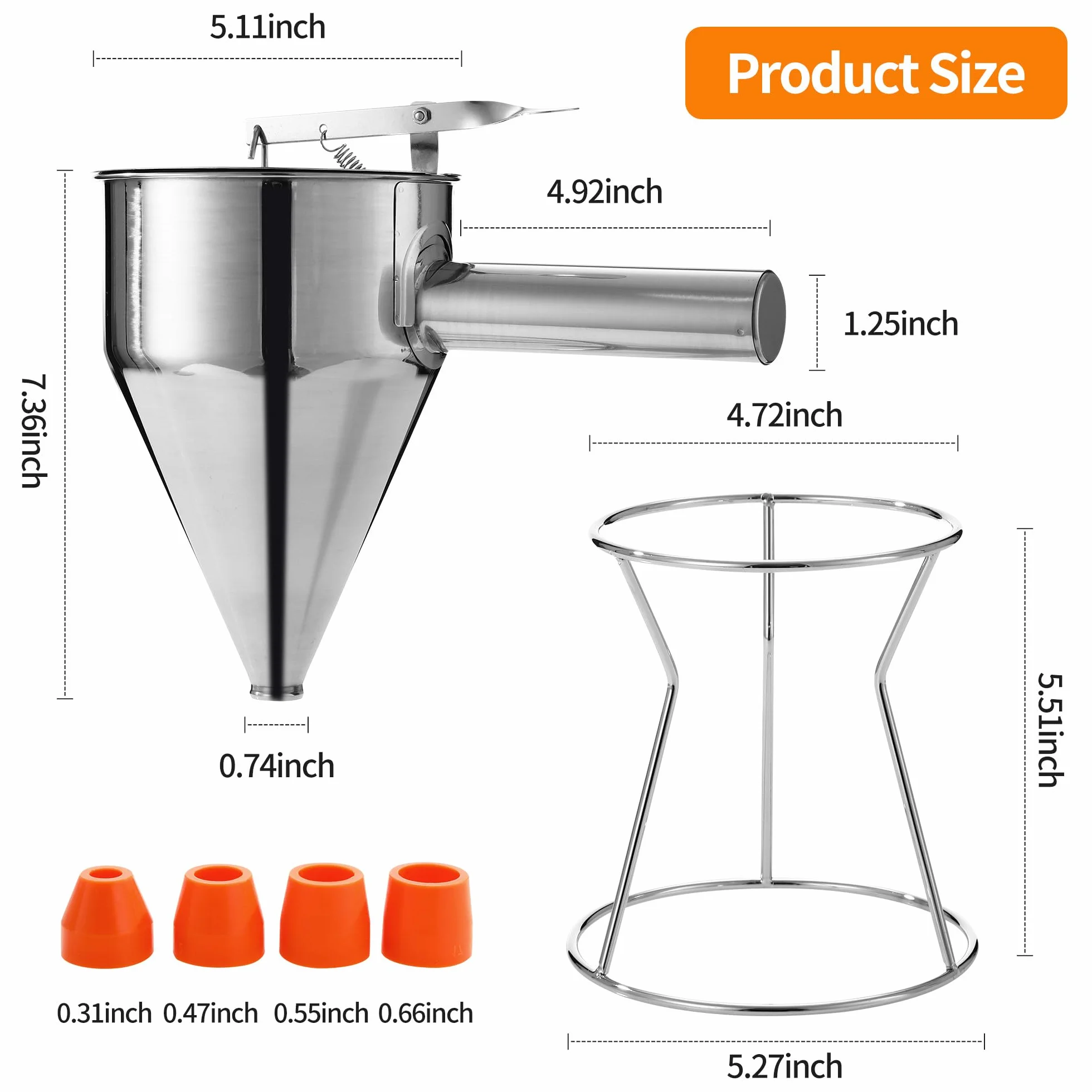 HAOYULUO Dozownik ciasta ze stali nierdzewnej, lejek kuchenny 1200 ml, w zestawie z pokrywką, szczotką do czyszczenia i 4 wymiennymi dyszami, odpowiednie do naleśników i deserów