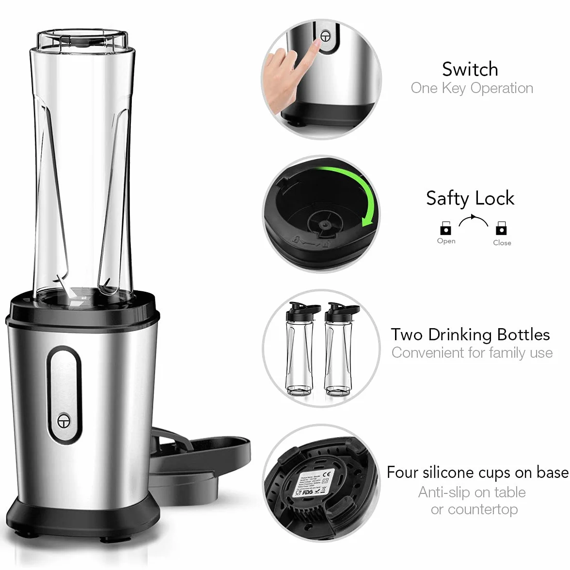 Mikser 500 W, mini stojący, smoothie Maker z butelkami 2 x 600 ml, bez BPA, tritan, przenośny z stali nierdzewnej, 4 arkusze do shake, do smoothie i posiłków