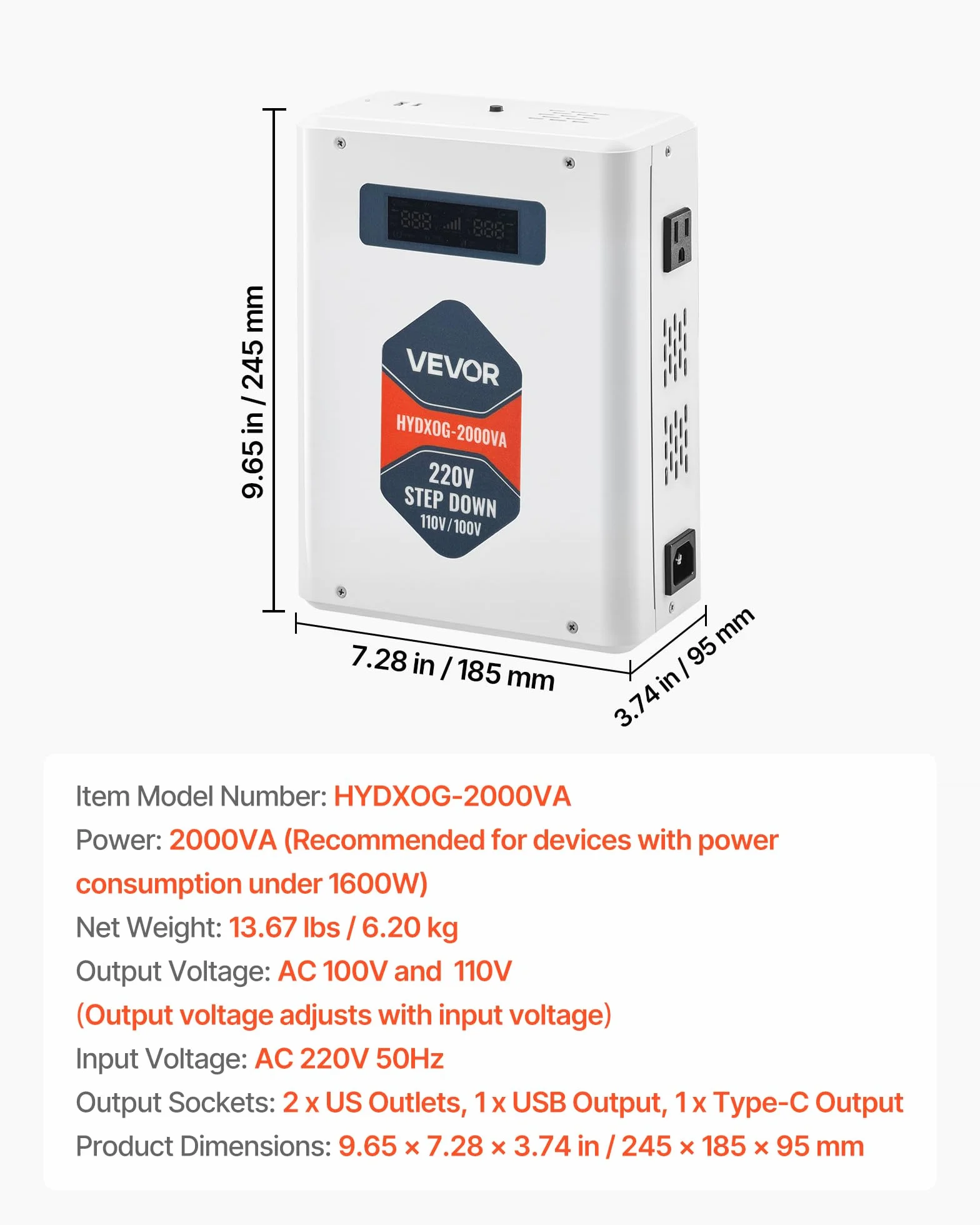 VEVOR Przetwornica napięcia Step-Down 2000 VA, Heavy Duty Transformator mocy 220 V na 110 V z 2 gniazdami amerykańskimi, wyjściem USB, wyświetlaczem LCD, do urządzeń gospodarstwa domowego 110 V