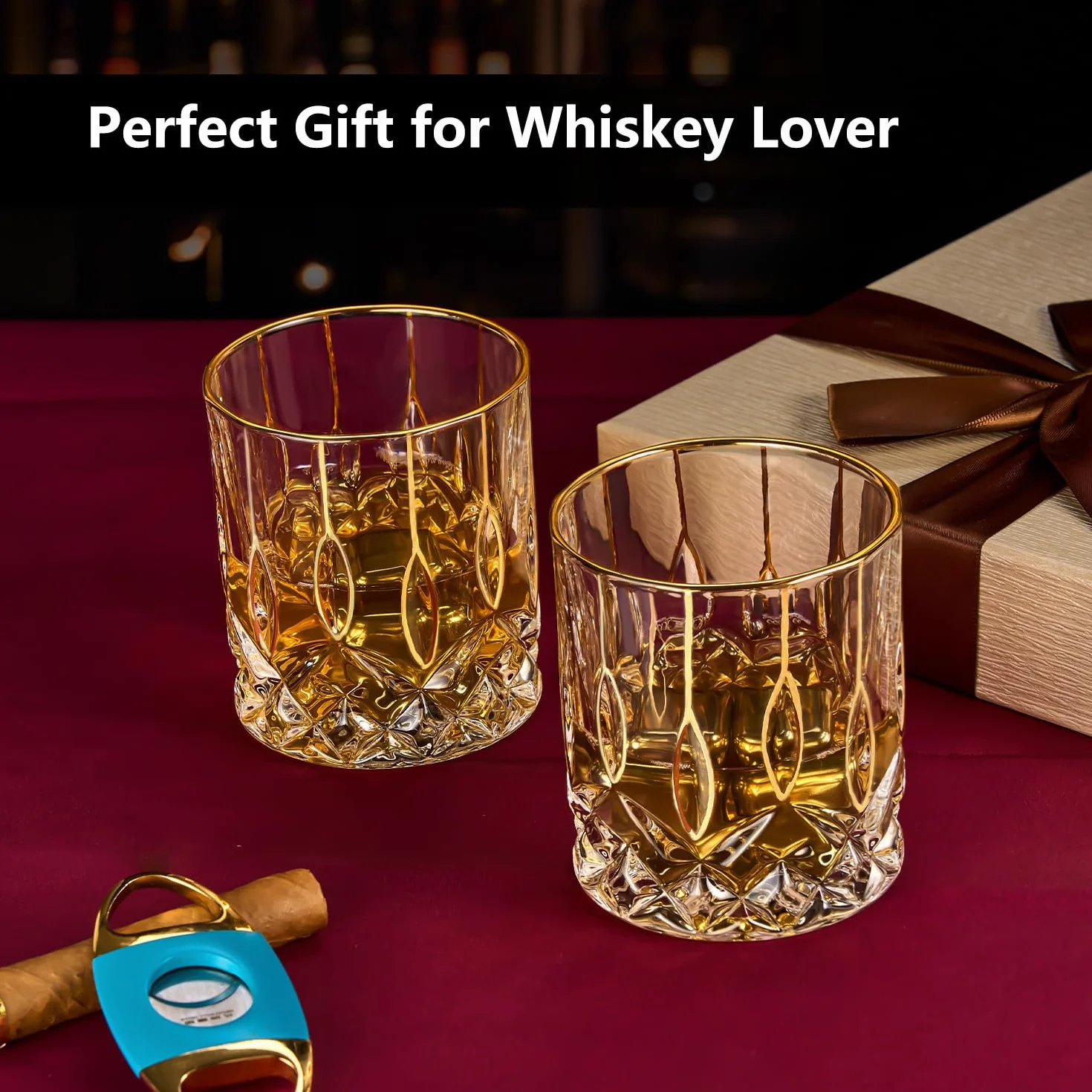 GLASKEY Zestaw 2 Szklanki do Whisky 320 ml Staromodne Kieliszki ze Złotym Rantem