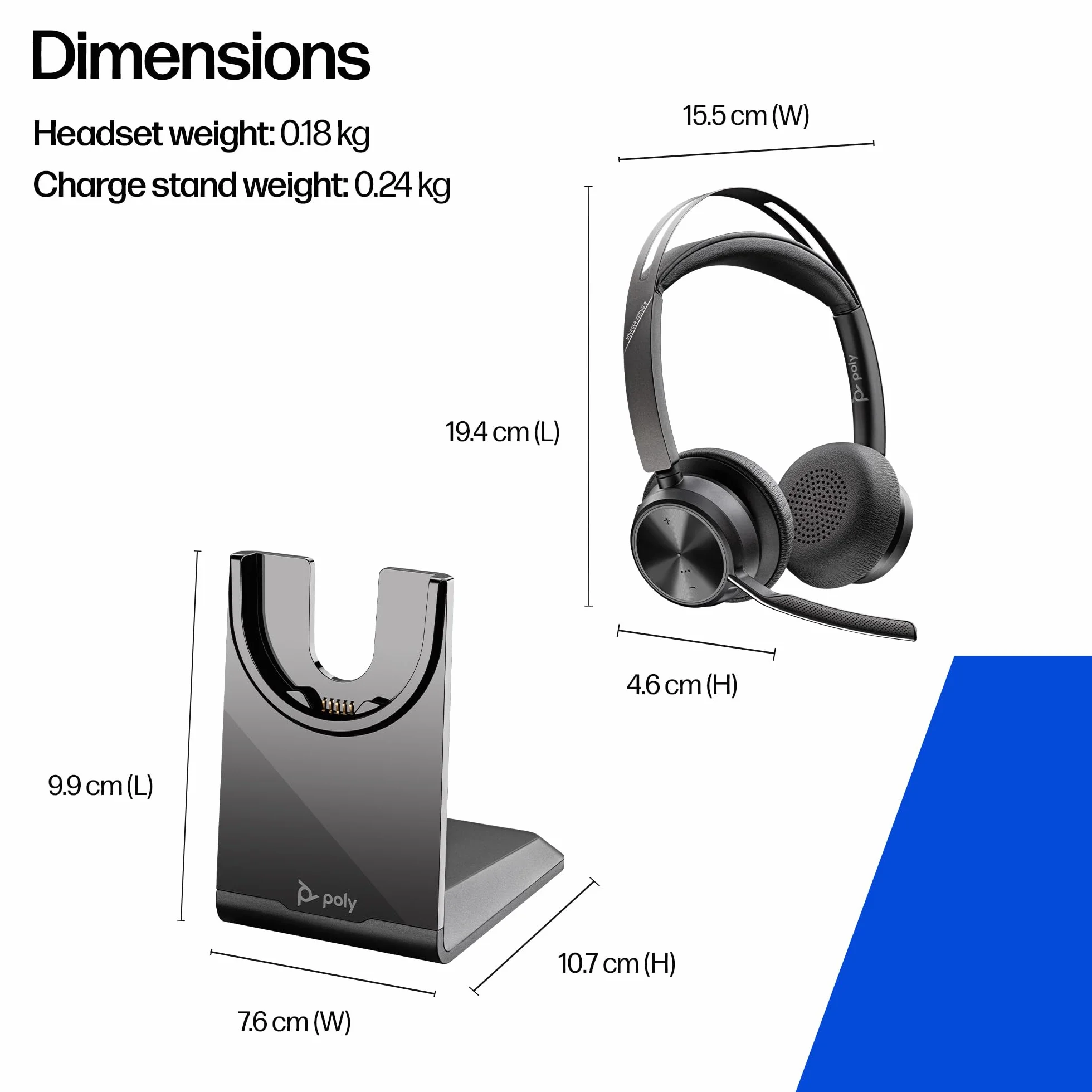 POLY Voyager Focus 2 zestaw słuchawkowy USB-C ze stacją ładującą i adapterem USB-C/A – Bluetooth, ANC, technologia Acoustic Fence, do 25 godzin rozmów, czarny