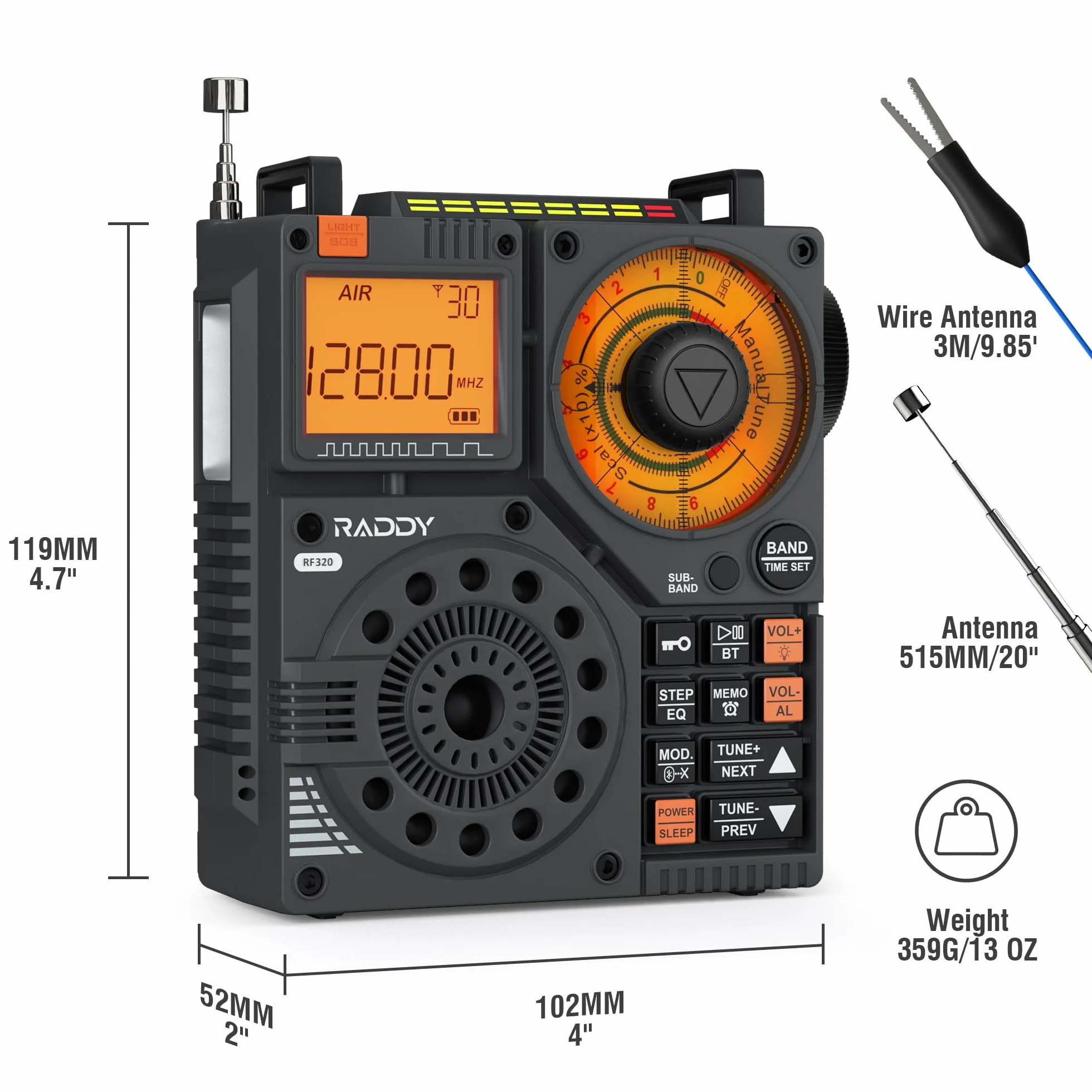Radio krótkofalowe Raddy RF320, odbiornik FM/AM/VHF/SW/AIR, obsługa kart Bluetooth/TF, ładowalne radio przenośne z 3-metrowymi słuchawkami dousznymi z anteną Latarka SOS