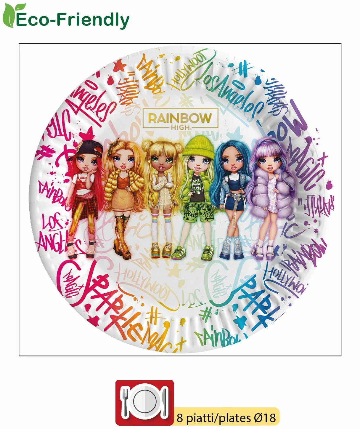 Ciao AZ025 Rainbow High Zawartość 8 naczyń Ø18cm 8 szklanek 200ml 20 serwetek 33x33cm