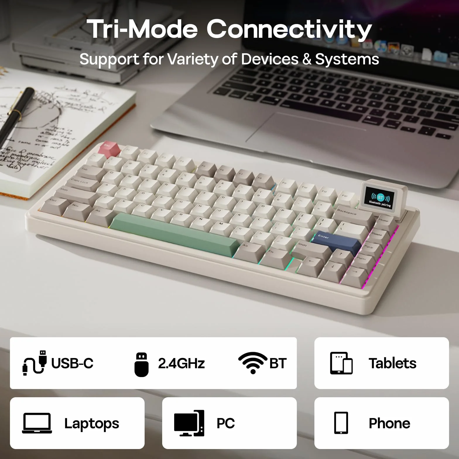 EPOMAKER RT82 Bezprzewodowa klawiatura mechaniczna z ekranem, QMK/VIA, 2.4GHz/USB-C/BT5.0, RGB, PBT, zestaw gazowy