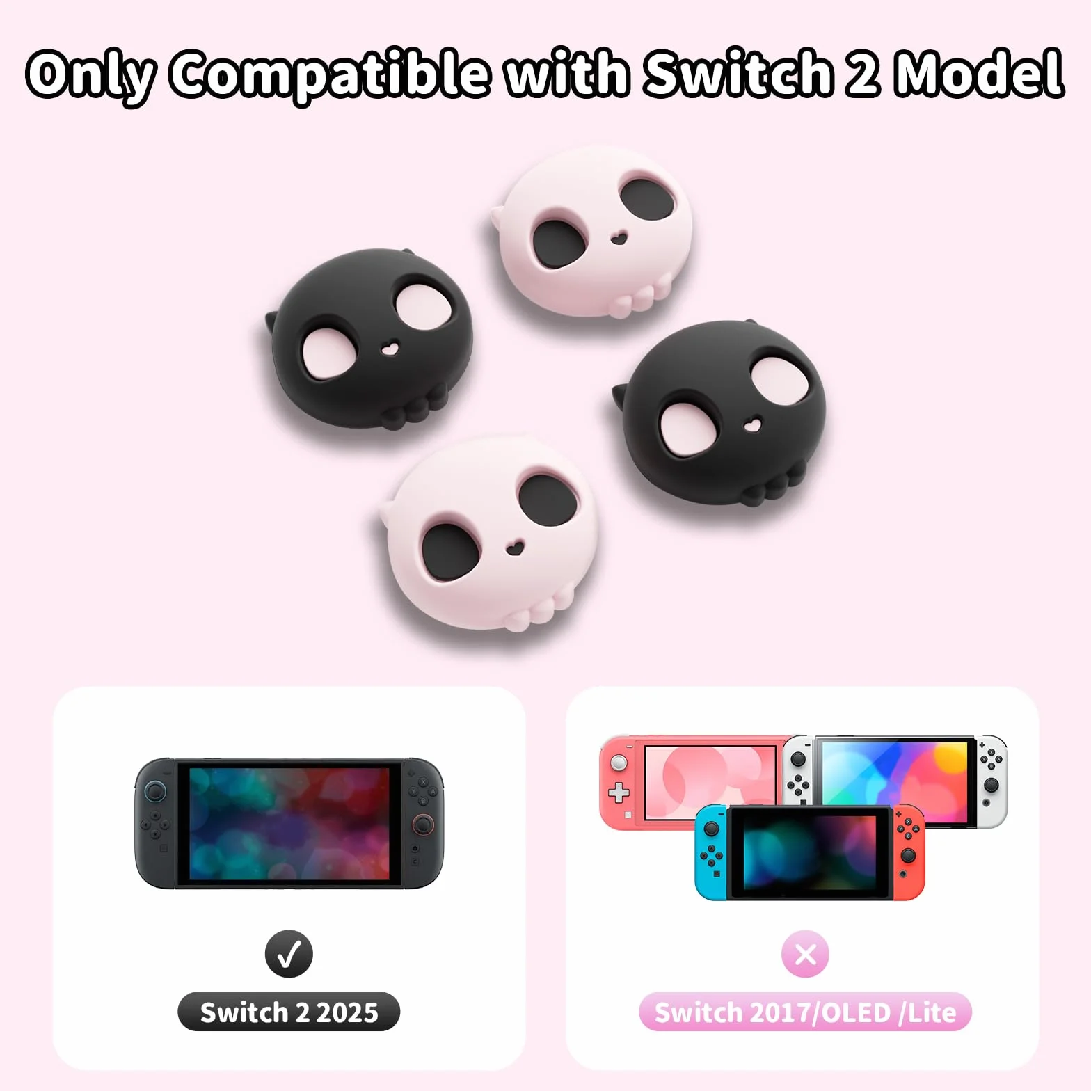 GeekShare Nasadki joysticka z czaszką, kompatybilne z Switch 2, antypoślizgowe, silikonowe nakładki na kciuk do Switch 2025, czarne i różowe, 4 sztuki