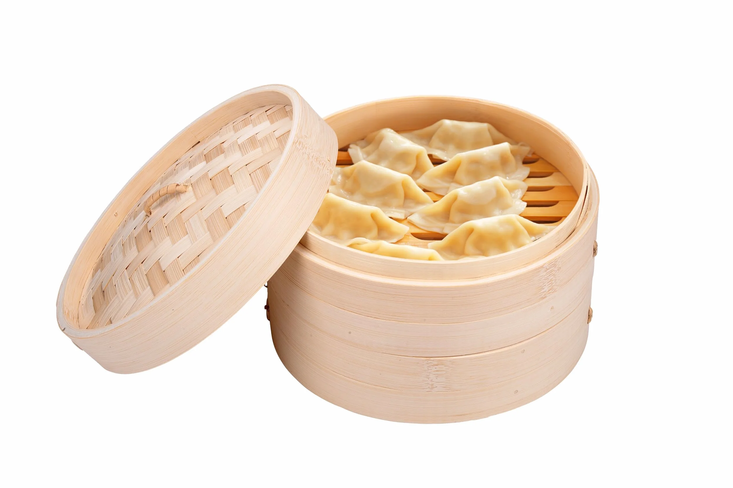 Bambusowy kosz na parę, 2 poziomy, 20 x 13,5 cm, 100% bambus, nadaje się do pierogów, warzyw, ryżu i wielu innych, z pokrywką