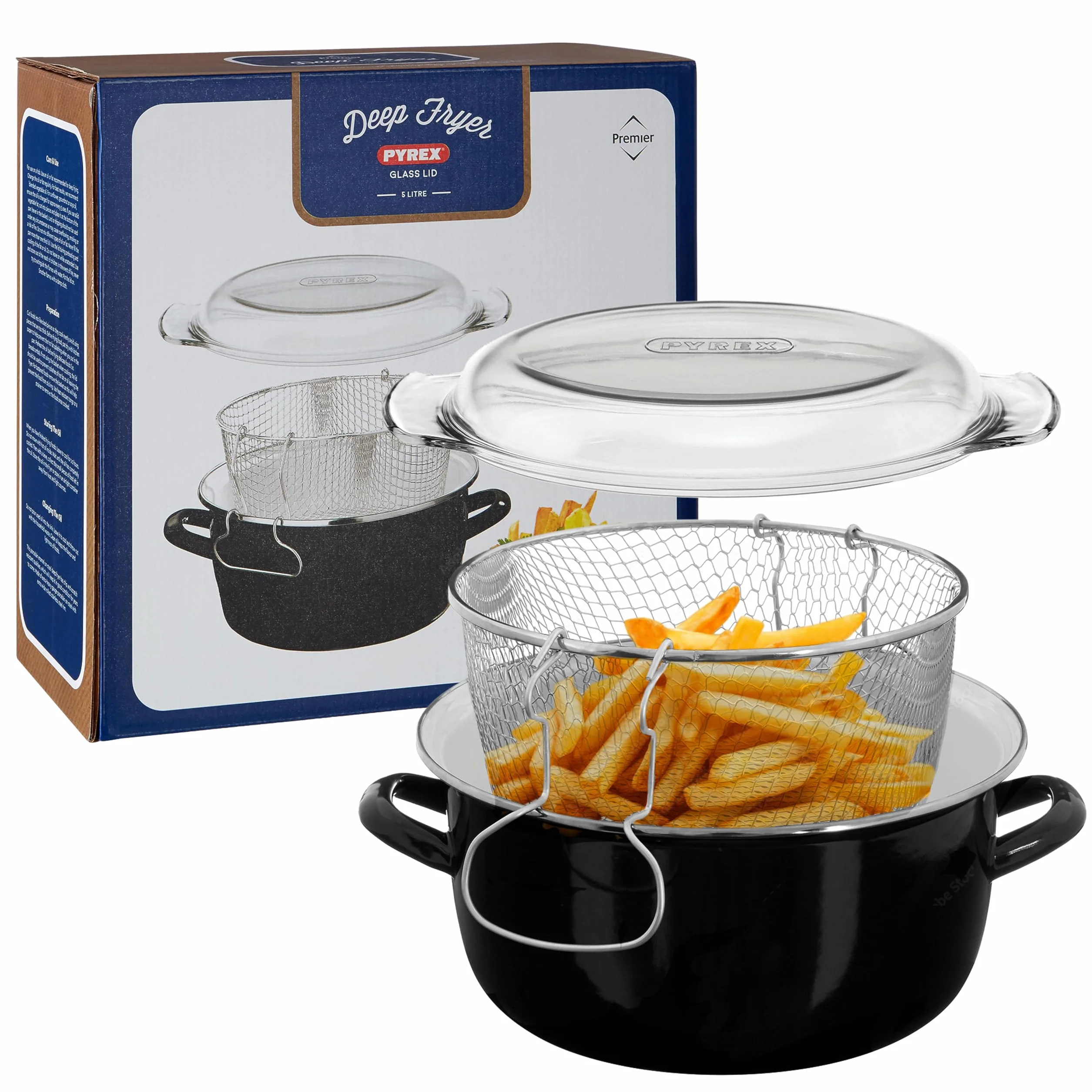 Premier Housewares 102102 5 l frytkownica emaliowana patelnia do frytkownicy szklana pokrywa głęboka patelnia czarna kosz mały