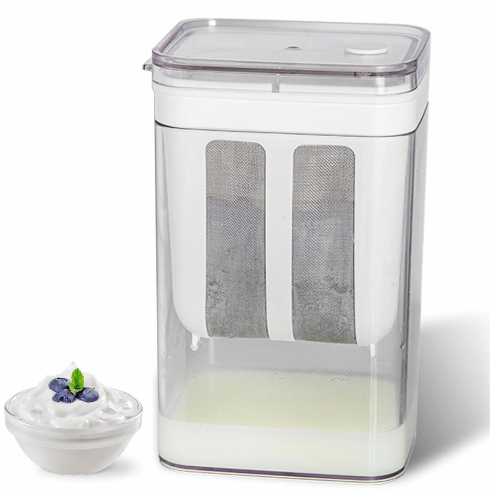 Greckie sitko do jogurtu, 1100 ml, greckie sitko do jogurtu, nadaje się do prania, separator serwatki z pokrywką, do wielokrotnego użytku, z sitkiem z siatki, do filtrowania soku, mleka, sitka,
