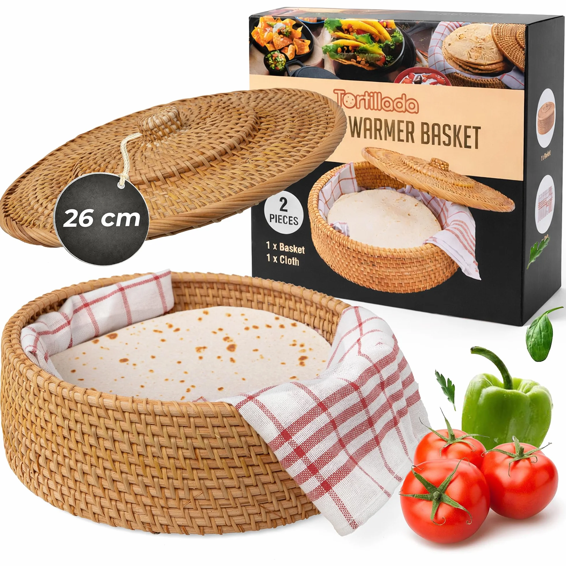 Tortillada Podgrzewacz Tortilli 26 cm Rattan Ręcznie Wykonany Kosz na Chleb z Bawełnianą Tkaniną Utrzymuje Ciepło