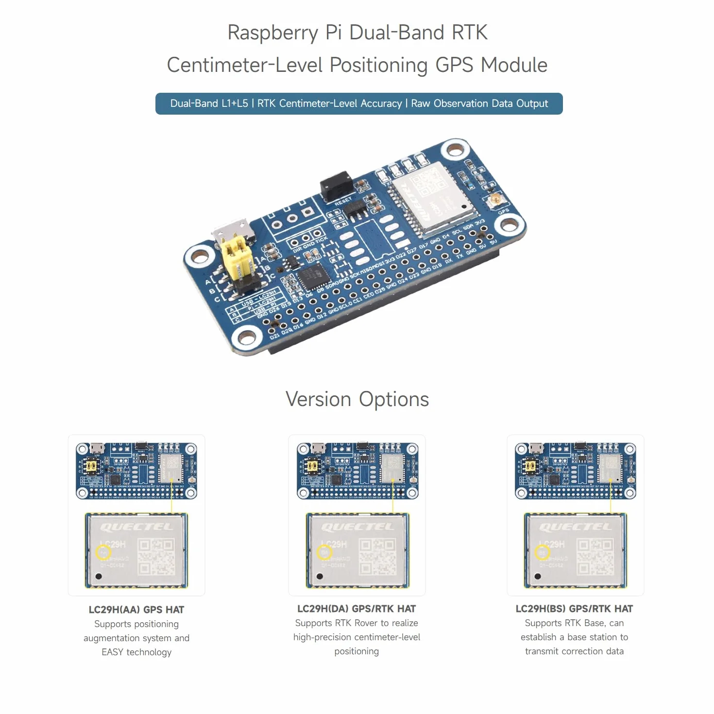 Waveshare LC29H Series Dual-Band GPS Module for Raspberry Pi, Dual-Band L1+L5 Positioning Technology, Supports Positioning Augmentation System and Easy Technology