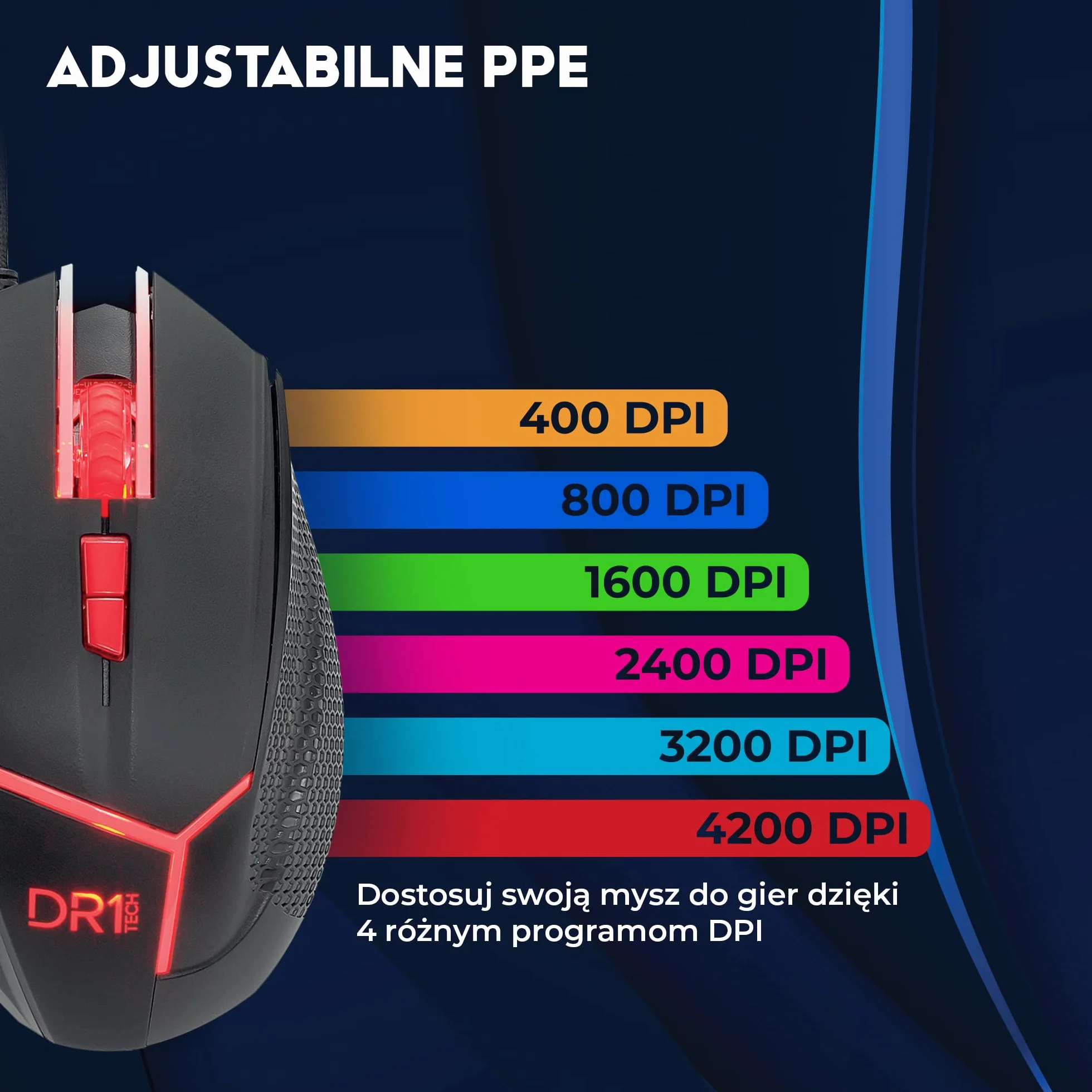DR1TECH Hunter Profesjonalna Mysz Do Gier Z Odporną Tkaniną [5 Wymiennych Ciężarków + TRIPLE FIRE] - 9 Programowalnych Przycisków Do 4200 DPI - Ergonomiczna Mysz Do Gier Dla PC/PS4
