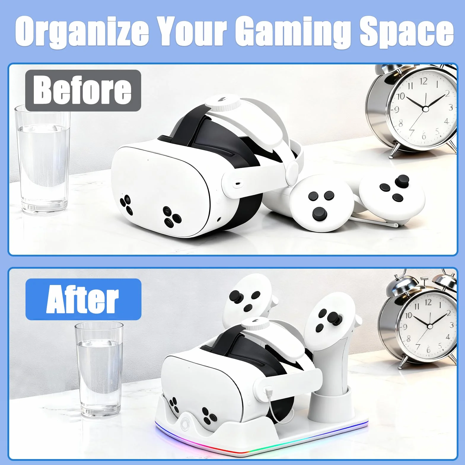 Stacja ładująca kompatybilna z Meta Quest 2/3/3S, stacja dokująca do szybkiego ładowania z oświetleniem RGB do kontrolera, ładowarka z USB C szybkie ładowanie do zestawu słuchawkowego VR i