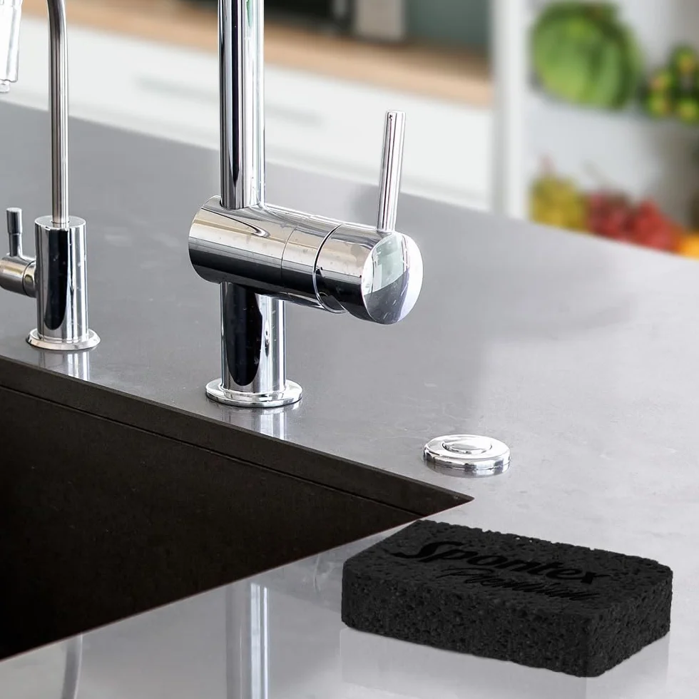 SPONTEX Gąbka puchnąca klasy premium, czarna, 3 sztuki, ze 100% biodegradowalnej celulozy, wytrzymała i chłonna, spuchnięta ok. 108 x 68 x 30-32 mm
