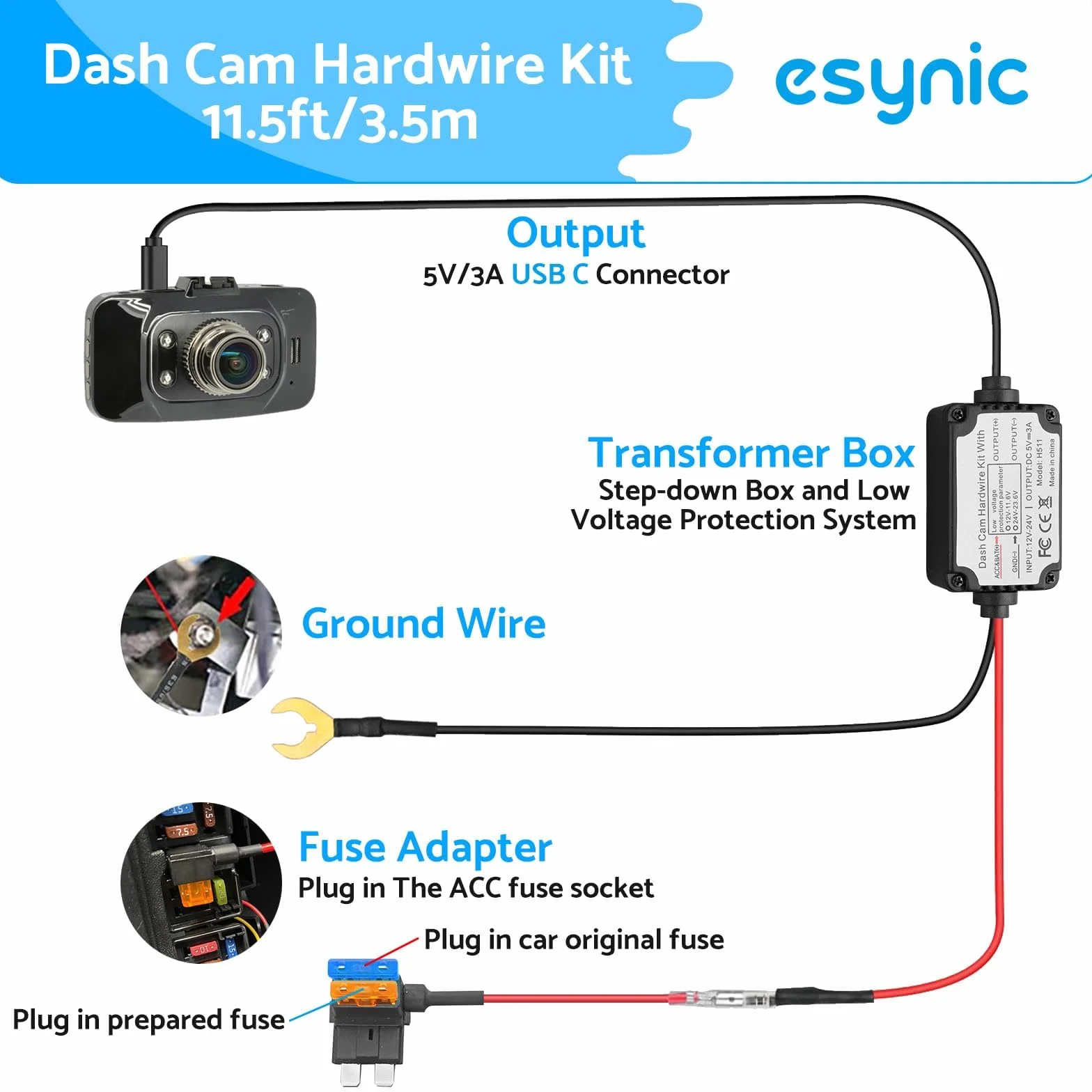 eSynic Dash Cam Hardwire Kit USB 11,5 ft kabel 12 V-24 V do 5 V Hard Wire Kit do kamery Dash z adapterem mini i Micro USB i 4 typami bezpieczników Mini/LP, ACS, ATO, Micro2