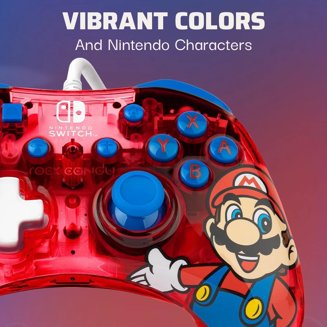 PDP Rock Candy przewodowy Gaming Switch Pro kontroler - Mario - Czerwony - Official License Nintendo - OLED/Lite Compatible, Compact, Durable Travel kontroler