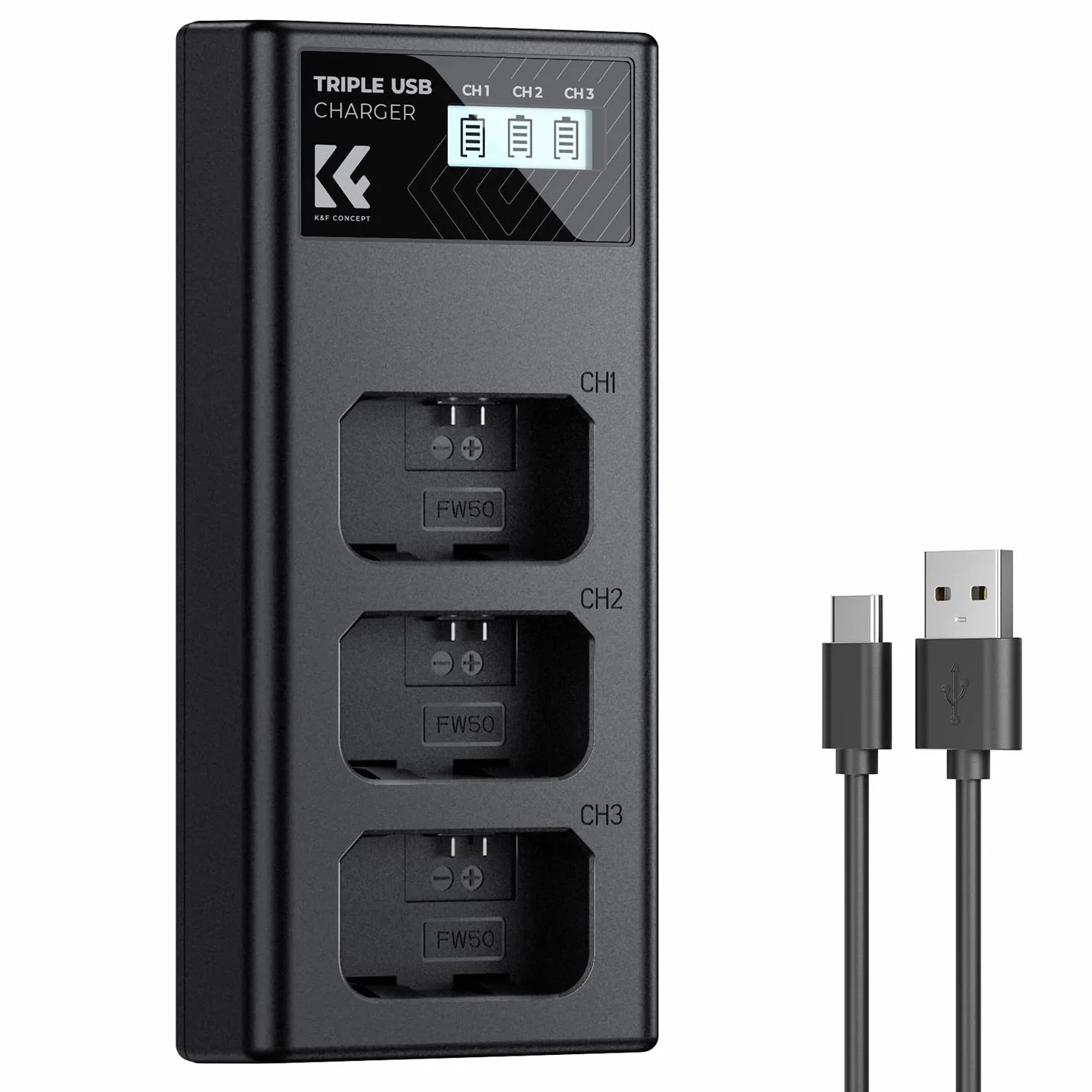 K&F CONCEPT NP-FW50 3-gniazdowa ładowarka z wyświetlaczem LED, Micro USB i Type-C Dual Port, kompatybilna z Sony A6000, A6400, A7, A7II, A7S2, A7R2, A5000, A55, RX10, NEX-3/5/7 USB Cable Battery