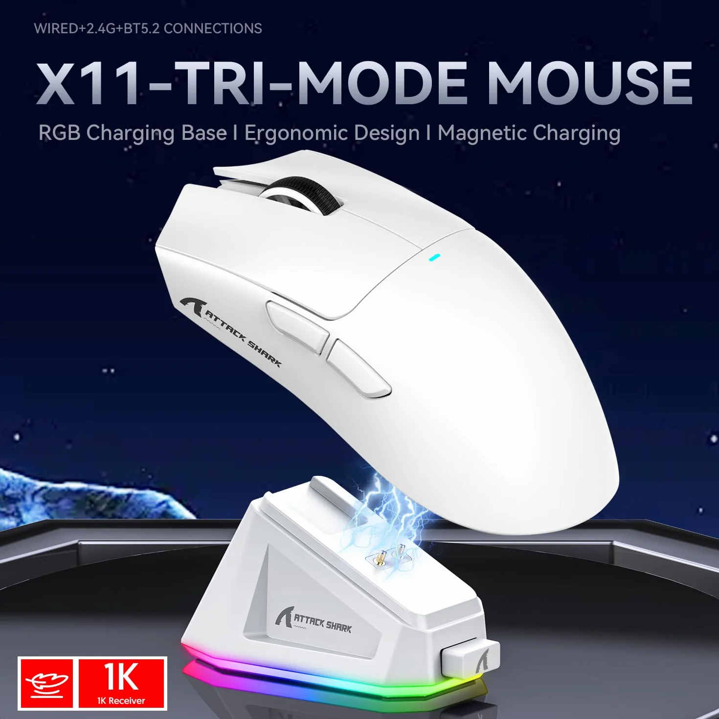 ATTACK SHARK X11 Mysz do gier z magnetyczną stacją ładującą, PixArt PAW3311 czujnik gamingowy, bezprzewodowa/przewodowa, BT/2,4G, 22000 DPI, mysz biurowa dla graczy Win11/Xbox/PS/Mac (biała)