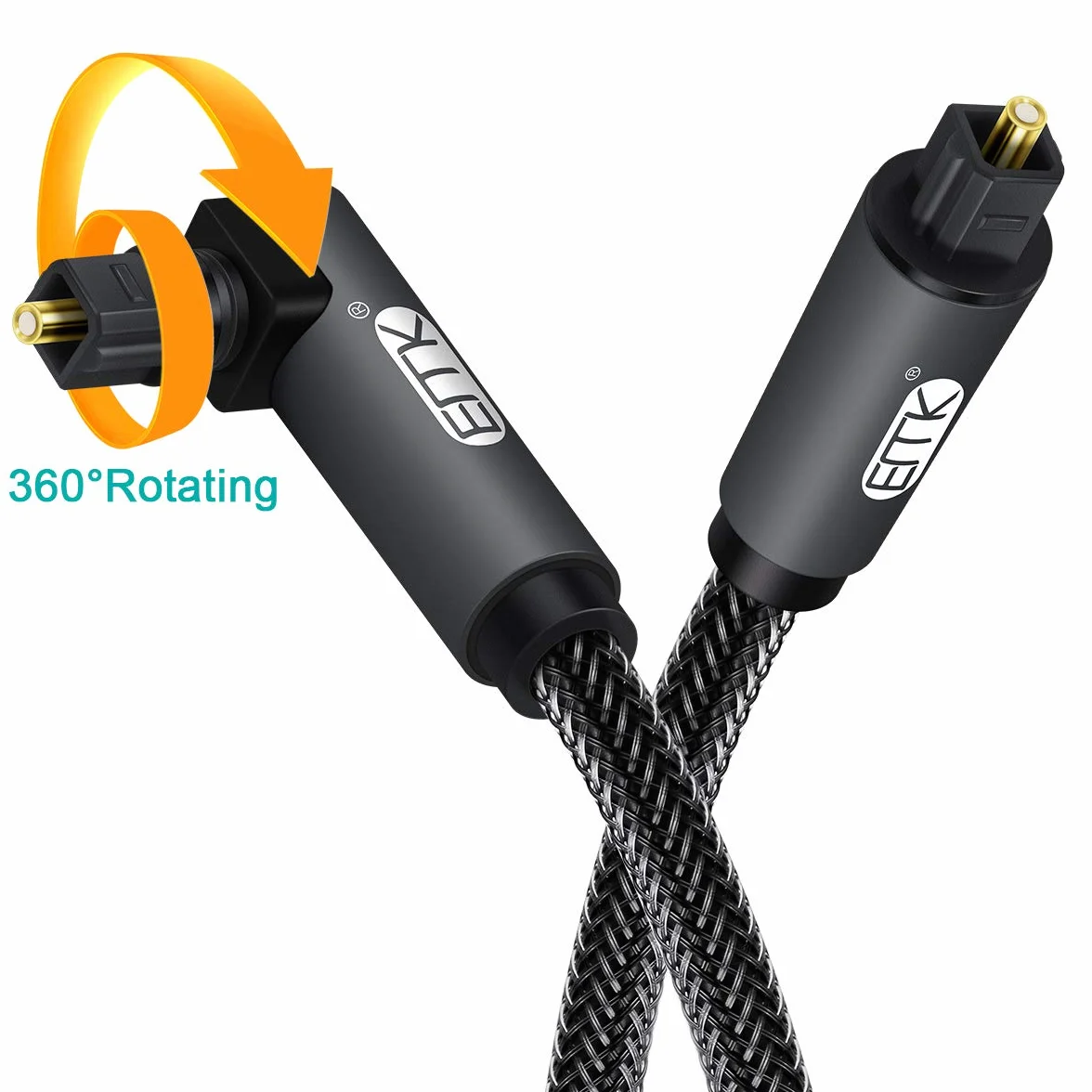 EMK Cyfrowy kabel optyczny Toslink z podwójnymi wtyczkami kątowymi 360° i 90° - 1 m czarny, podwójnie ekranowany, do kina domowego, soundbar, TV, PS3, PS4
