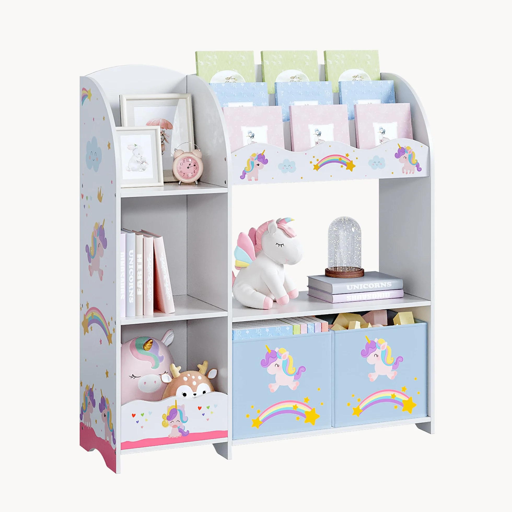 [en.casa] Regał dziecięcy Lysekil regał na książki dla dzieci z 2 pudełkami do przechowywania, regał na zabawki 100 x 93 x 30 cm, przechowywanie zabawek, motyw jednorożca
