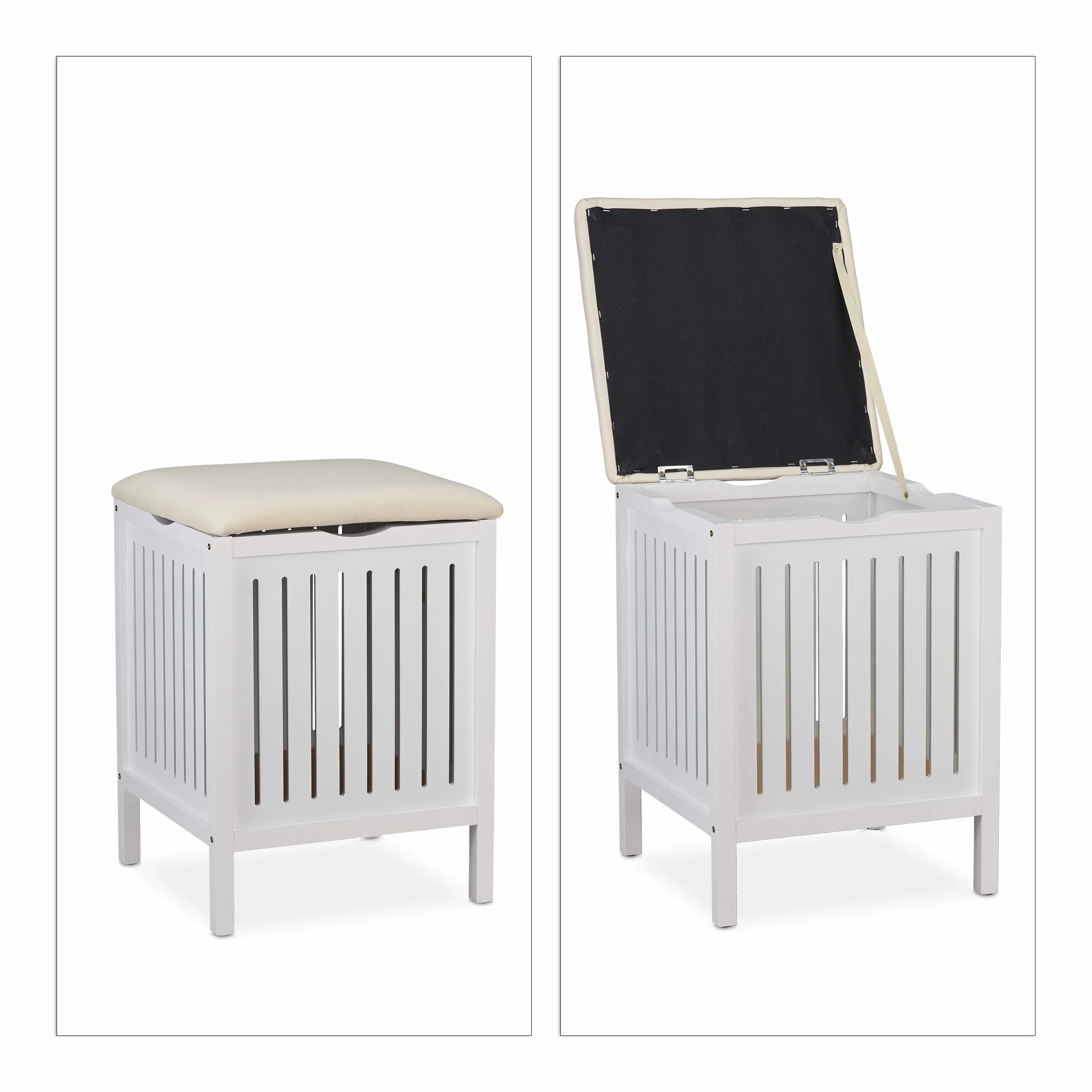 Relaxdays Kosz na pranie z siedziskiem, styl wiejski, 40 l, drewno i tkanina, taboret łazienkowy wys. x szer. x gł.: 55 x 41 x 41 cm, biały