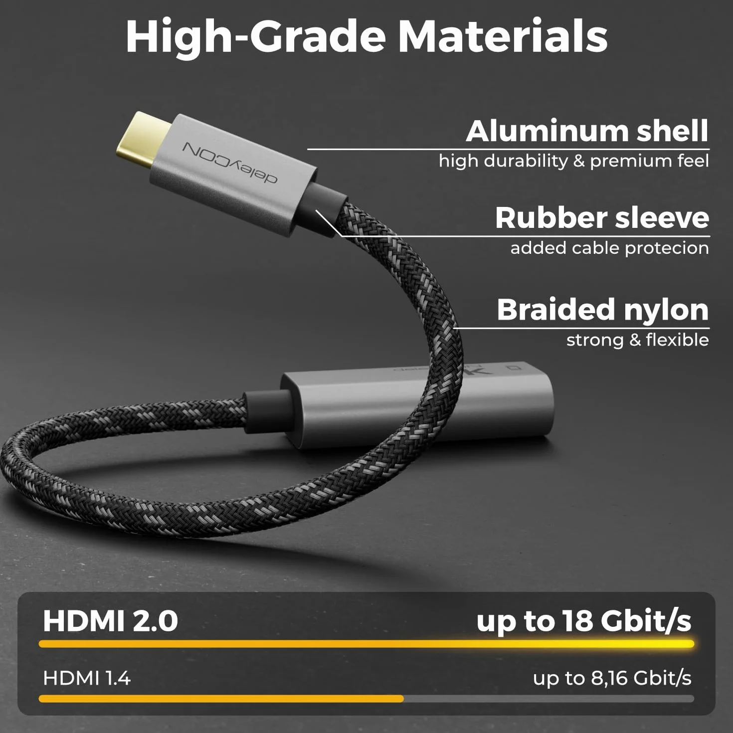 deleyCON 4K USB-C do HDMI Adapter z Aluminium (4K@60Hz Monitor/TV/Projektor) Thunderbolt 3/4, iPhone 17 16 15 Pro Max Air, MacBook, iPad Pro/Air, Galaxy S25 S24 S23, Notebook, Tablet