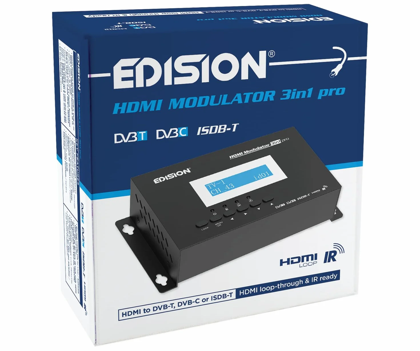 Edision HDMI Modulator 3w1 Pro, DVB-T, ISDB-T lub DVB-C, dystrybucja Full HD, HDMI-Loop, RF in, wyświetlanie LCD, szybka instalacja, Plug & Play