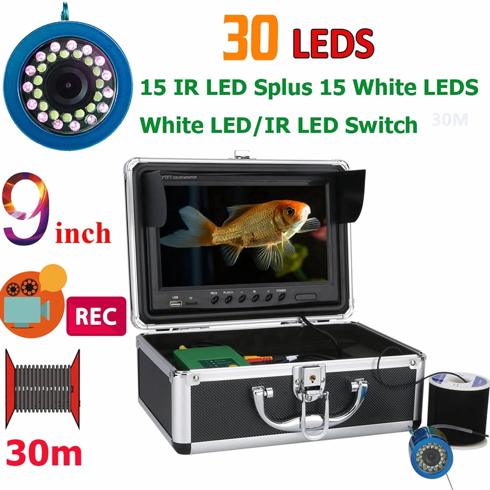 Podwodna Kamera, 9 cali DVR. Fisher Fisher 100. 0TVL. Podwodna nagrywanie Kamera połowowa 15 sztuk biały LE DS Plus 15 sztuk Lampa na podczerwień,Echosonda(30M Cable)