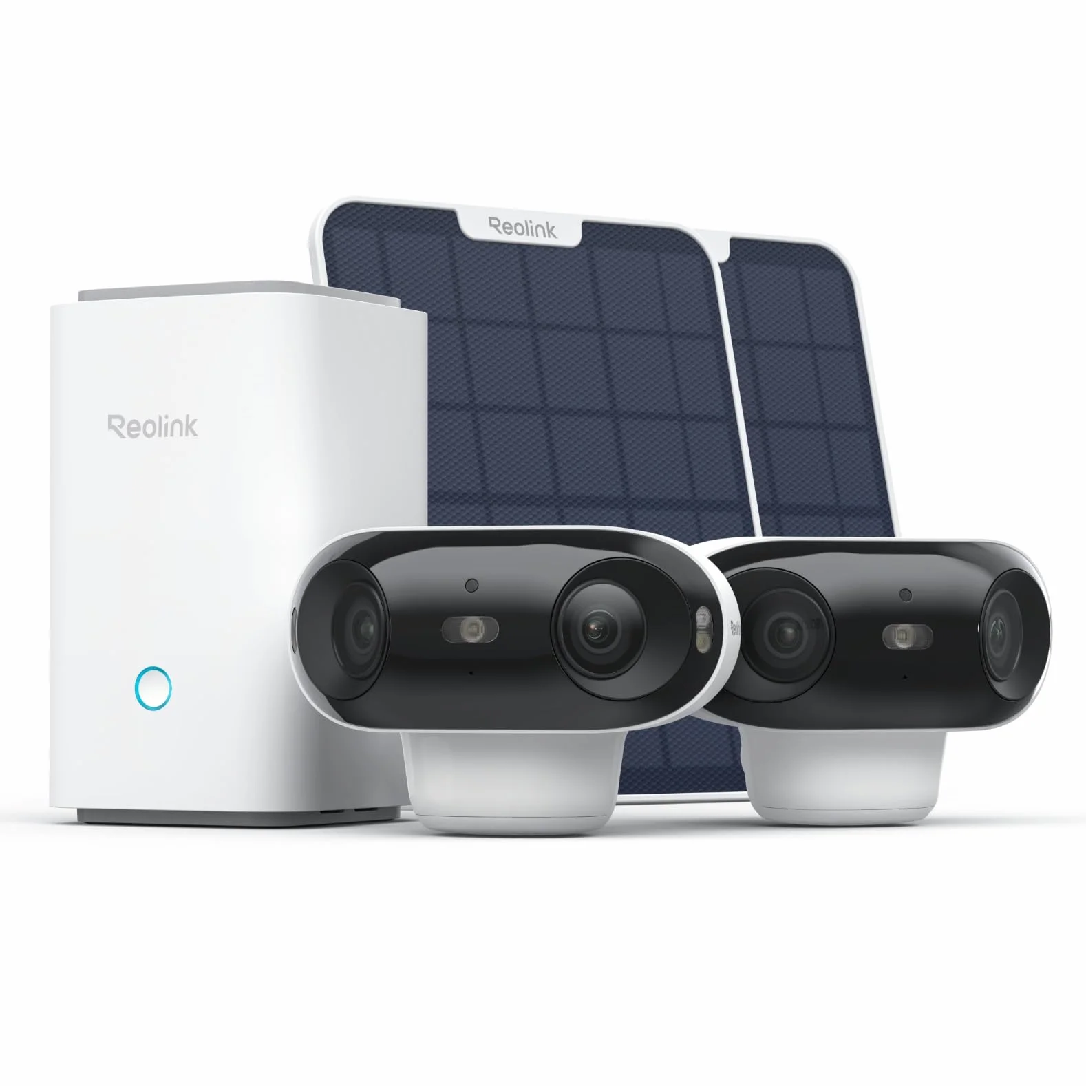 Reolink 4K Zestaw Bezprzewodowej Kamery Zewnętrznej z Bateria, Home Hub, 2 Kamery Argus 4 Pro z Panelem Słonecznym, Noktowizor ColorX, Widok 180°, Wi-Fi 6, Nagrania Lokalne, Brak Kosztów Miesięcznych