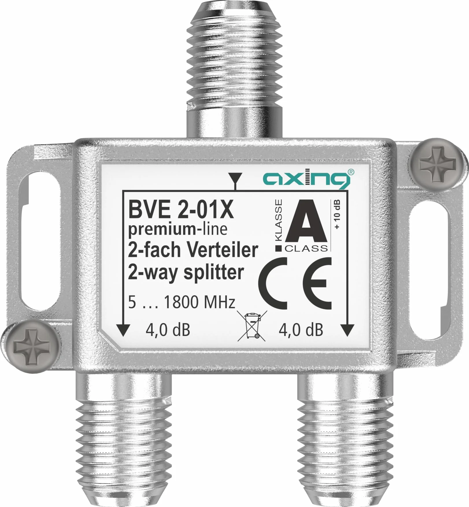 Axing BVE 2-01X 2-drożny rozdzielacz 4 dB 5-1800 MHz TV Data Internet Telewizja kablowa