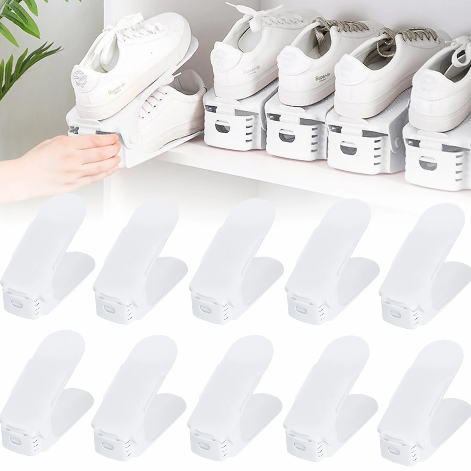 Regulowane regały na buty, 20 sztuk, materiał PP, organizer na buty, antypoślizgowy, zestaw uchwytów na buty, podwójna warstwa, organizer na buty, oszczędność miejsca, kolor biały