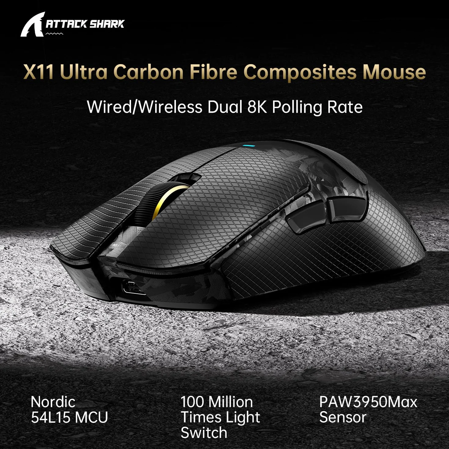 ATTACK SHARK X11 ULTRA Wireless Gaming Mouse, Ultra-Light 63g, 42K DPI, 8K Polling, Nordic Chip, Carbon Fiber, for Esports & Pro Gamers