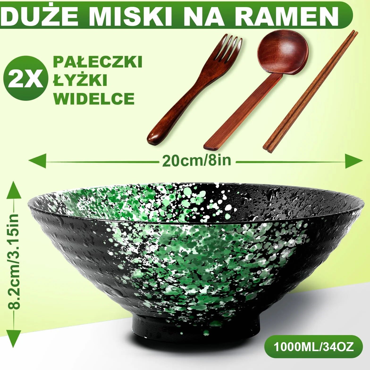 Ceramiczna Miska Do Ramenu Zestaw 2 Sztuk - Porcelanowa Japońska Sałatka Makaron Płatki Śniadaniowe Owoce Zupa Duże Miski 2 X 1000 Ml Z Przepisami, Pałeczkami I Łyżkami Na Imprezę