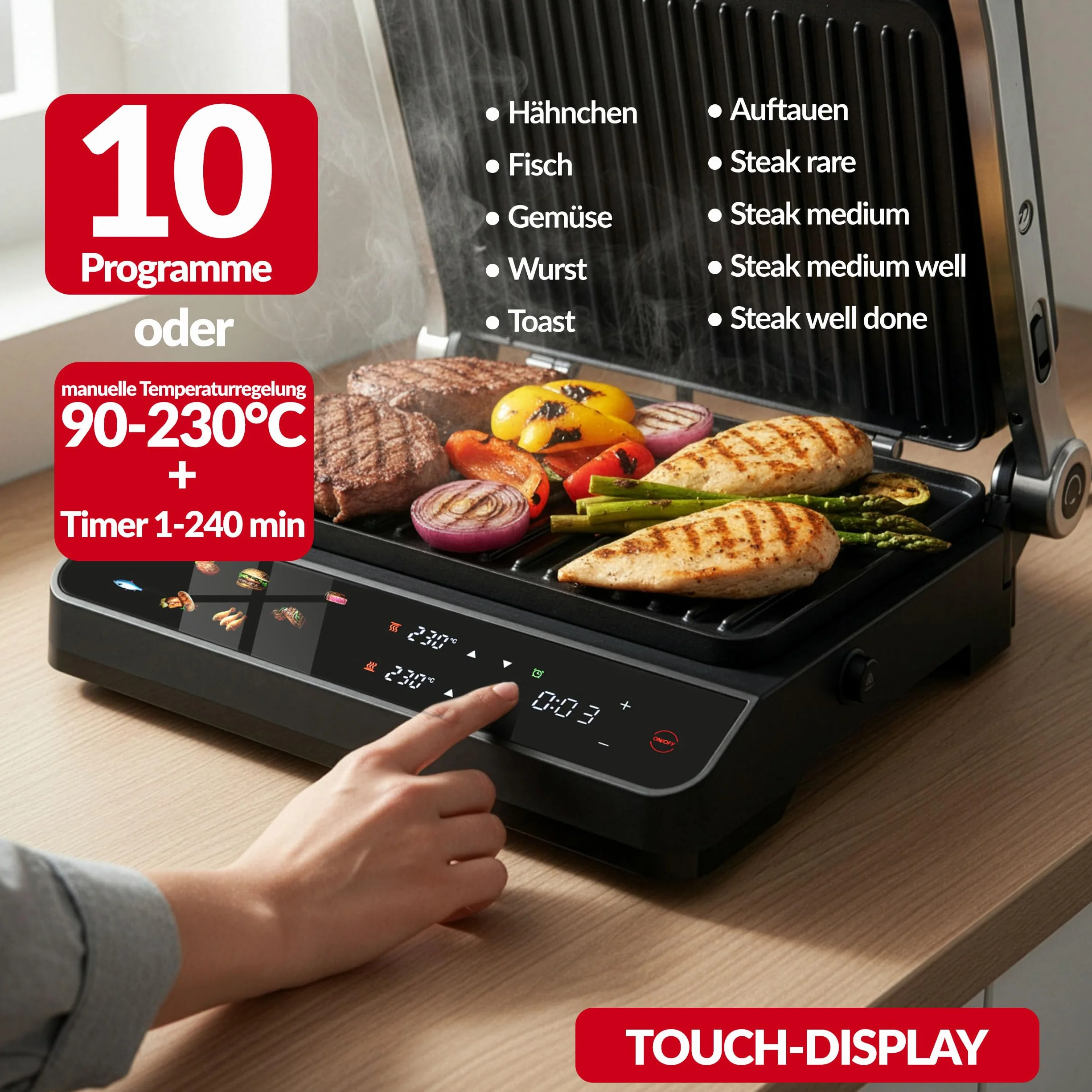 LEHMANN Grill kontaktowy, 2000 W, grill stołowy rozkładany 180°, zdejmowane płyty nieprzywierające, wyświetlacz: 10 programów, regulacja temperatury 90-230°C, timer 1-240 min, grill elektryczny do