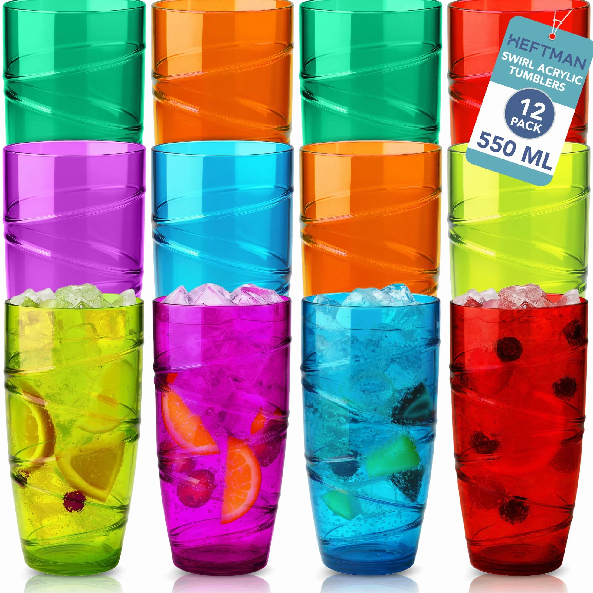 HEFTMAN Zestaw plastikowych szklanek 12–550 ml, akrylowe z motywem wirowym