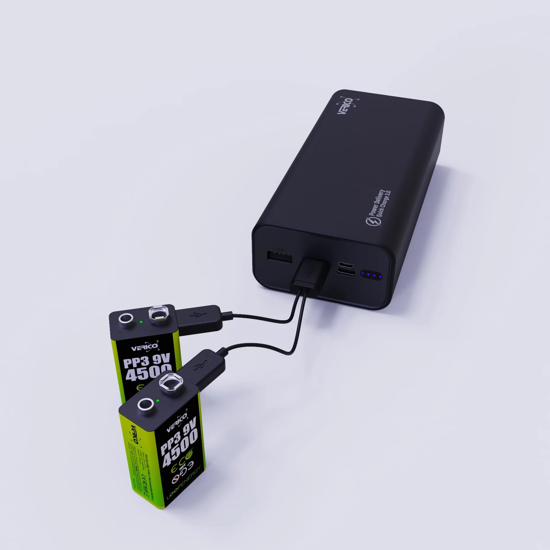 Verico LoopEnergy blok 9 V, 2 sztuki, PP3, 4500 mAh, akumulator USB-C, litowo-jonowy, 1 kabel do ładowania USB typu A na 2 x typ C