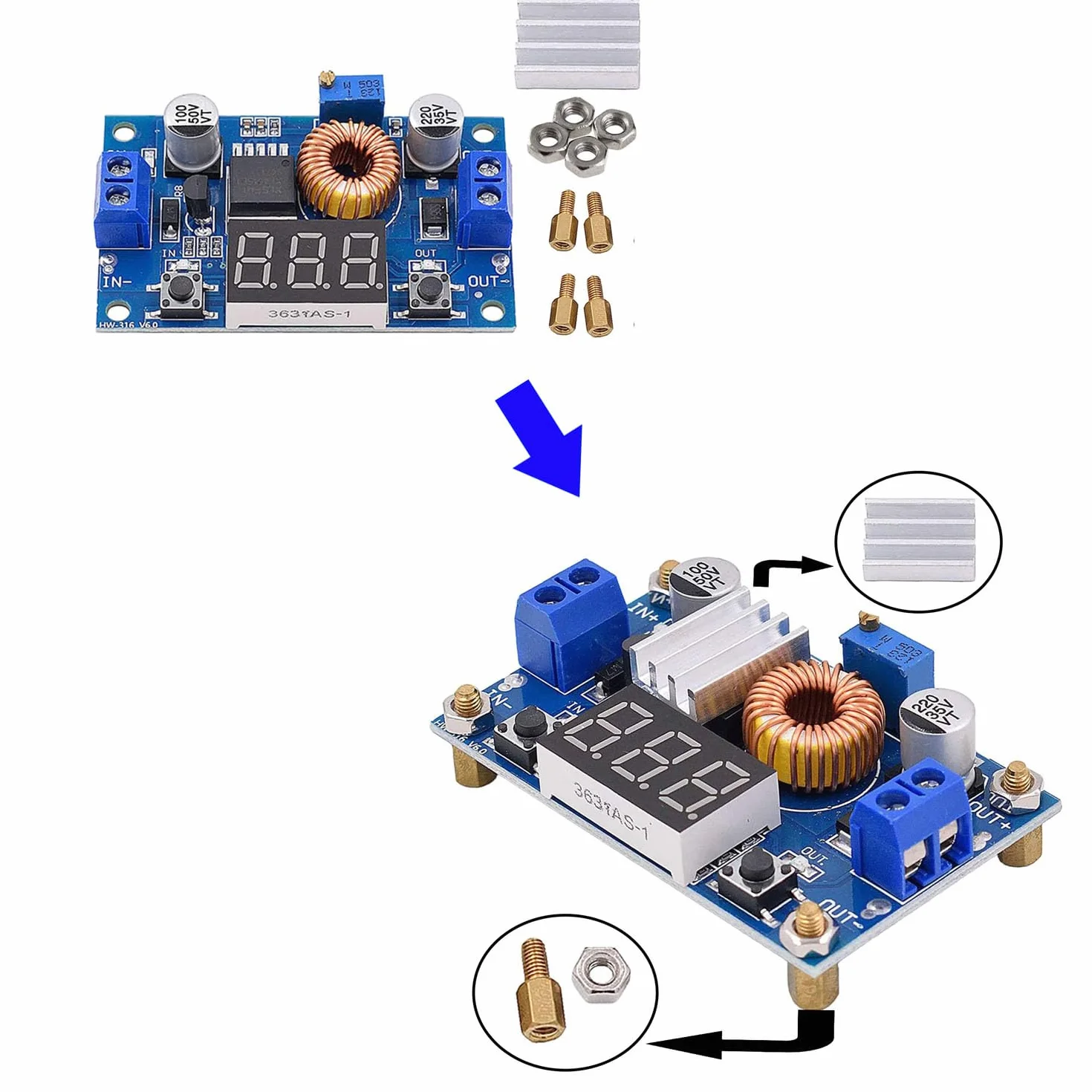 RUNCCI-YUN DC-DC 5 A Step Down zasilacz sieciowy, 4-38 V do 1,25-36 V regulator napięcia z woltomierzem LED do samodzielnego montażu Arduino XL4015