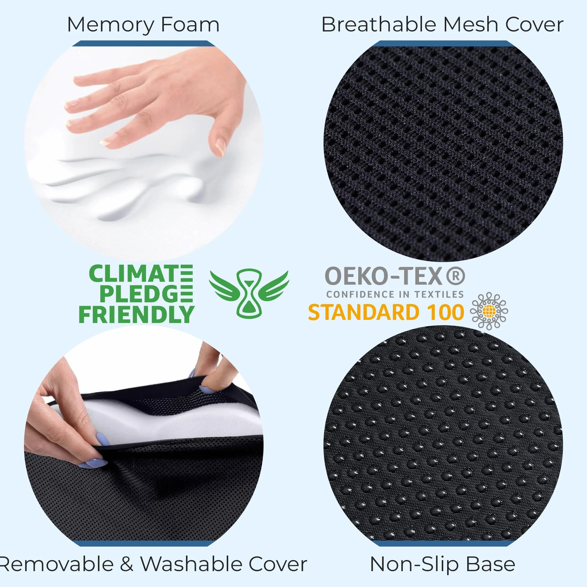 5 STARS UNITED Memory Foam Seat Cushion, ergonomic coccyx pad for office chair, sciatica & back pain relief, non-slip, portable, washable cover - black