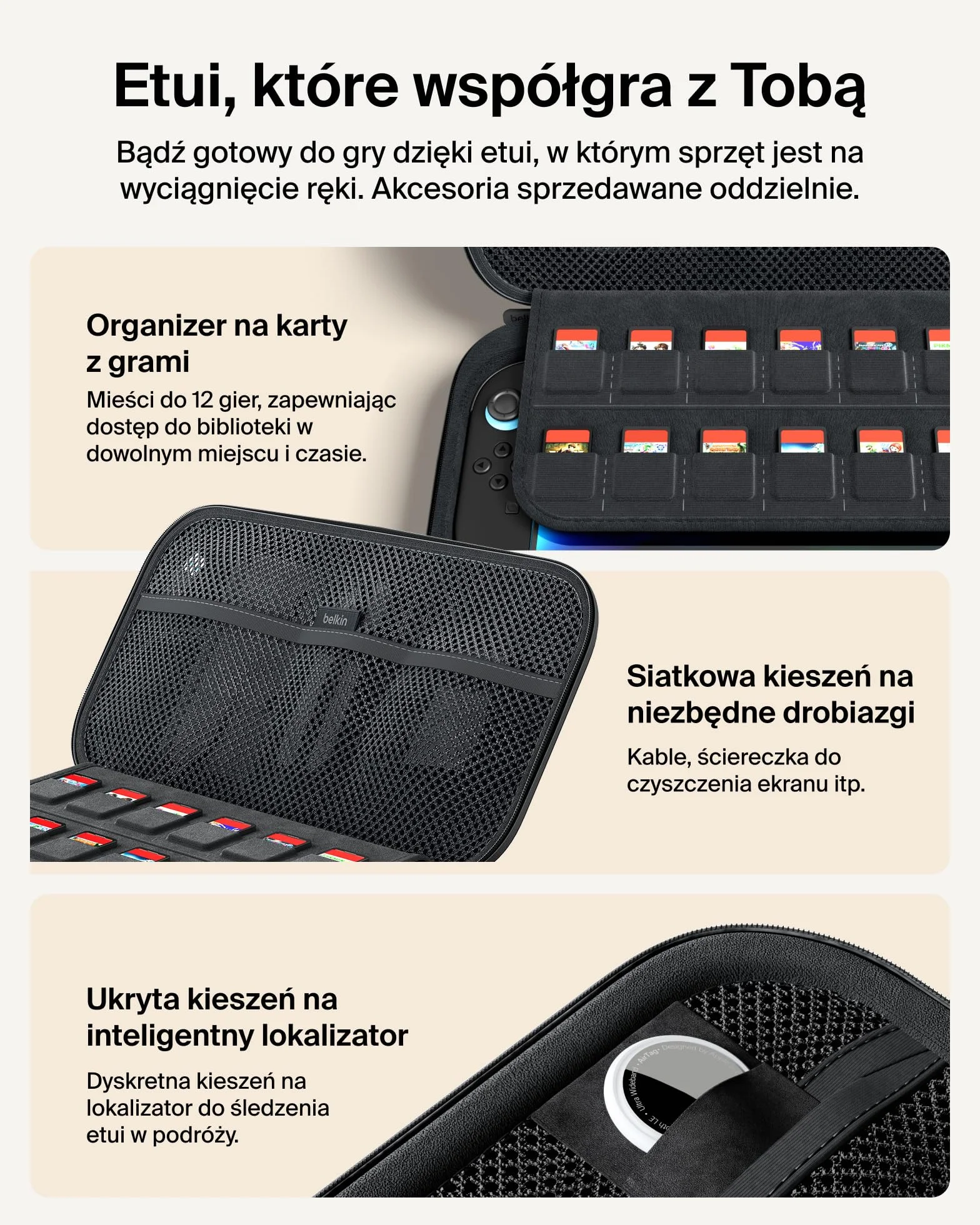 Belkin Gaming Etui Ładujące Pro do Nintendo Switch 2 z Powerbankiem 10 000 mAh, Torba Podróżna z Uchwytem na AirTag, Miejsce na 12 Kart z Grami, Ładowanie w Etui, Twarda Obudowa – Antracytowe