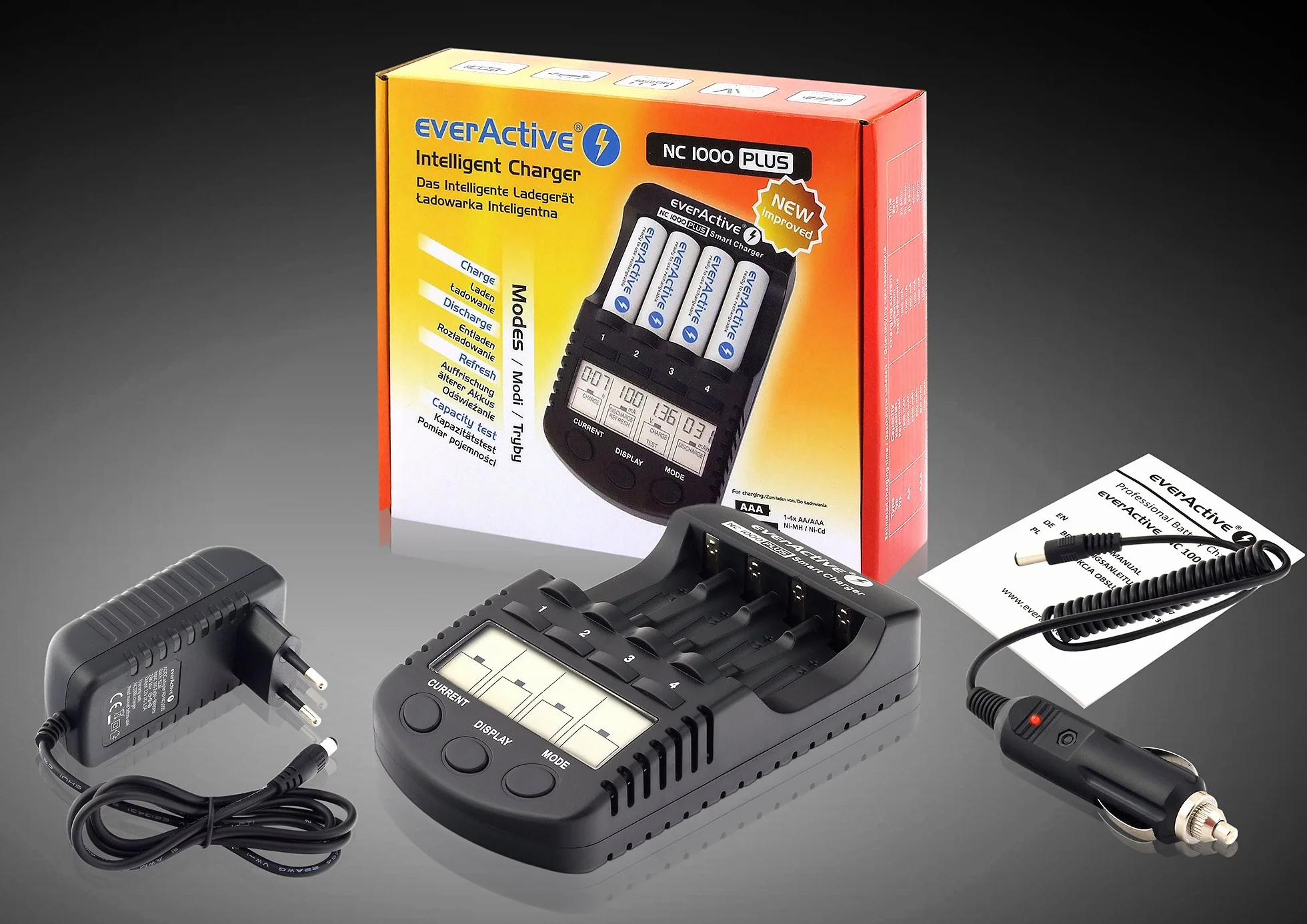 everActive Ładowarka do 4 akumulatorów AAA AA, profesjonalna i szybka, wyświetlacz LCD, test pojemności, adapter samochodowy, model: NC-1000 Plus, czarna, NC1000Plus