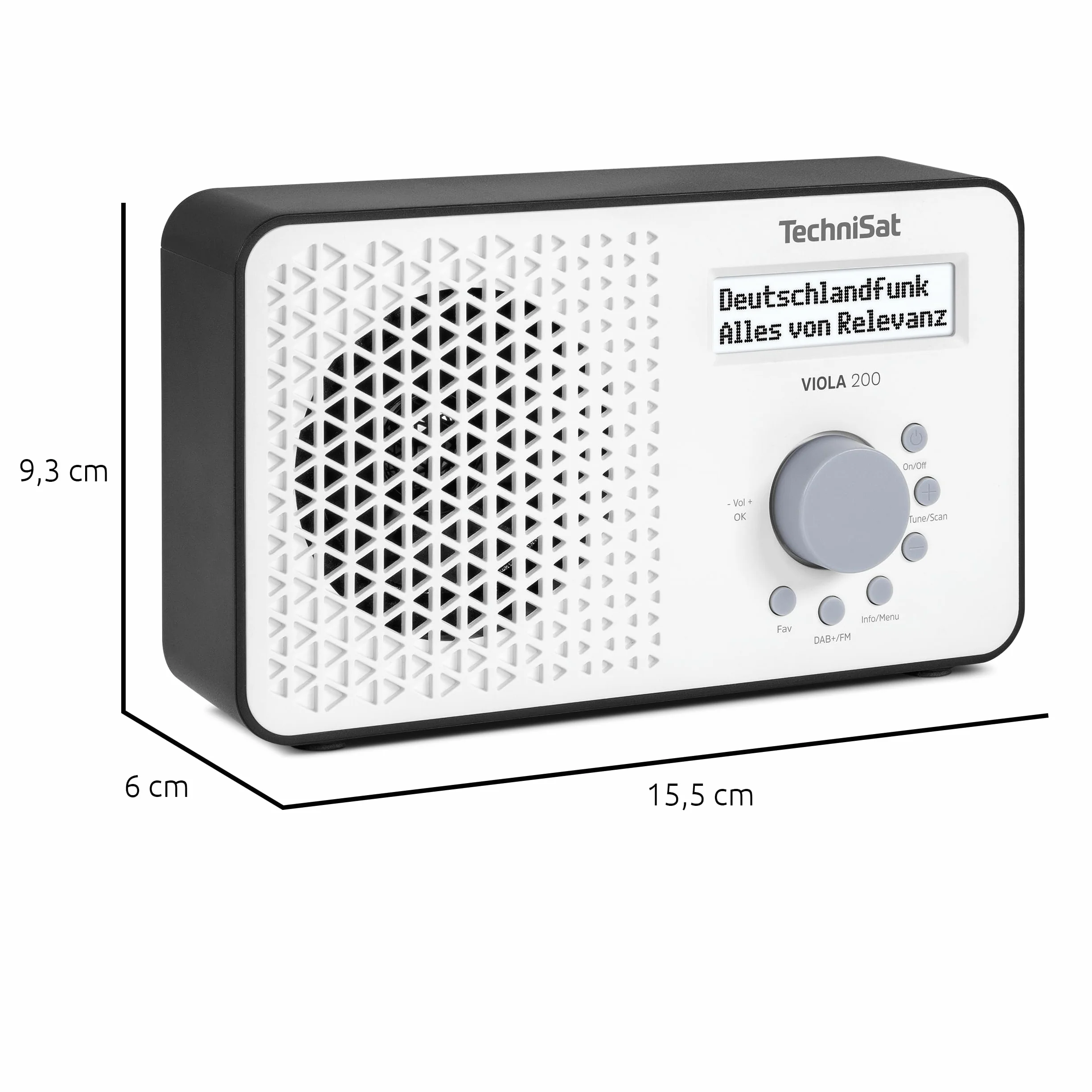 TechniSat VIOLA 200 – przenośne radio DAB+/FM (LCD, antena teleskopowa, pamięć ulubionych, wyjście słuchawkowe, zasilanie sieć/baterie, głośnik mono, RDS, PLL) biało-czarne