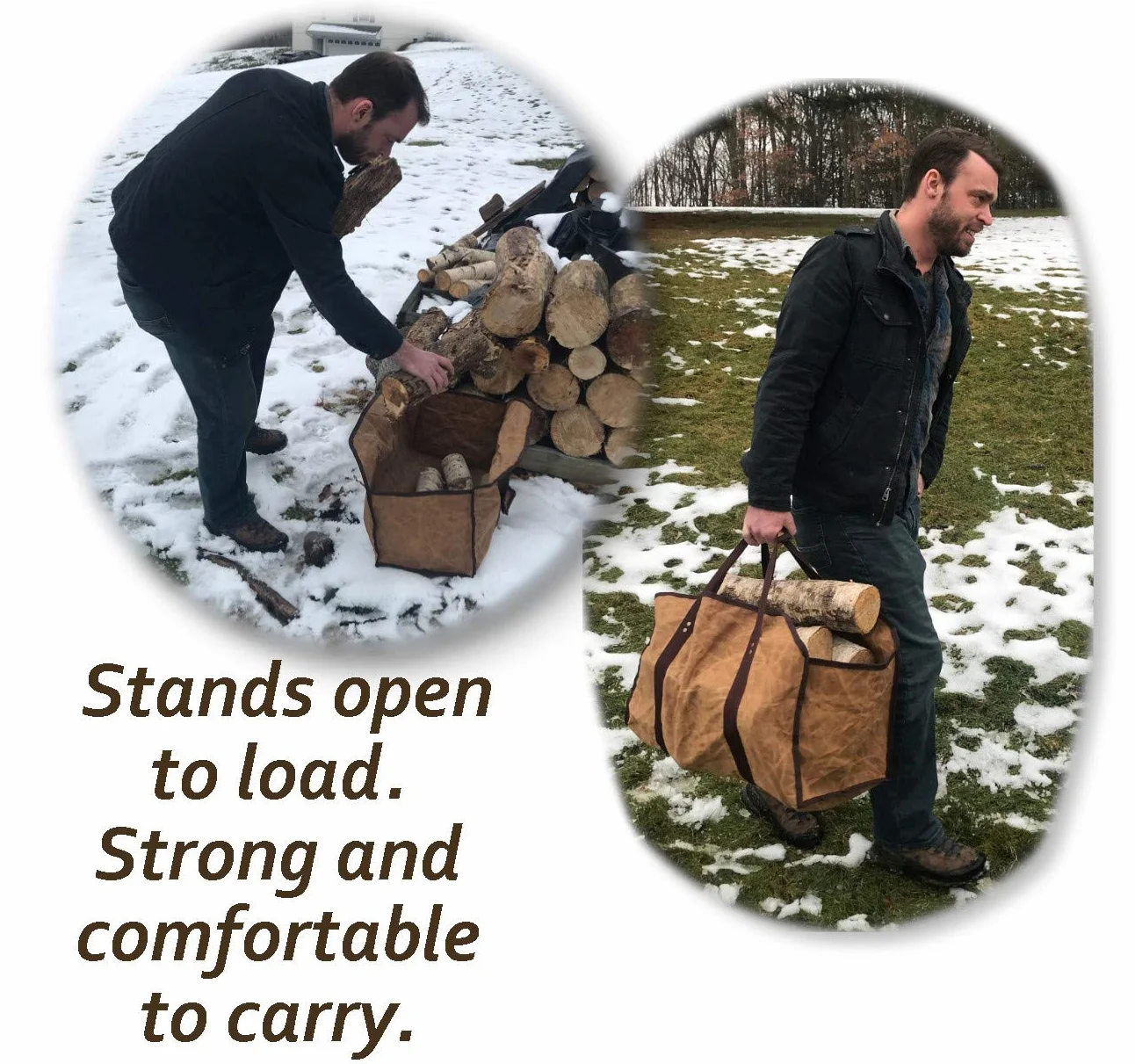 LivinWell Firewood Carrier Fire Wood Log Carry Bag Closed End Tote Stands Up for Easy Loading Heavy Duty Large Carrying Waxed Canvas Holder Basket Strong Straps Woodstove Fireplace Decor