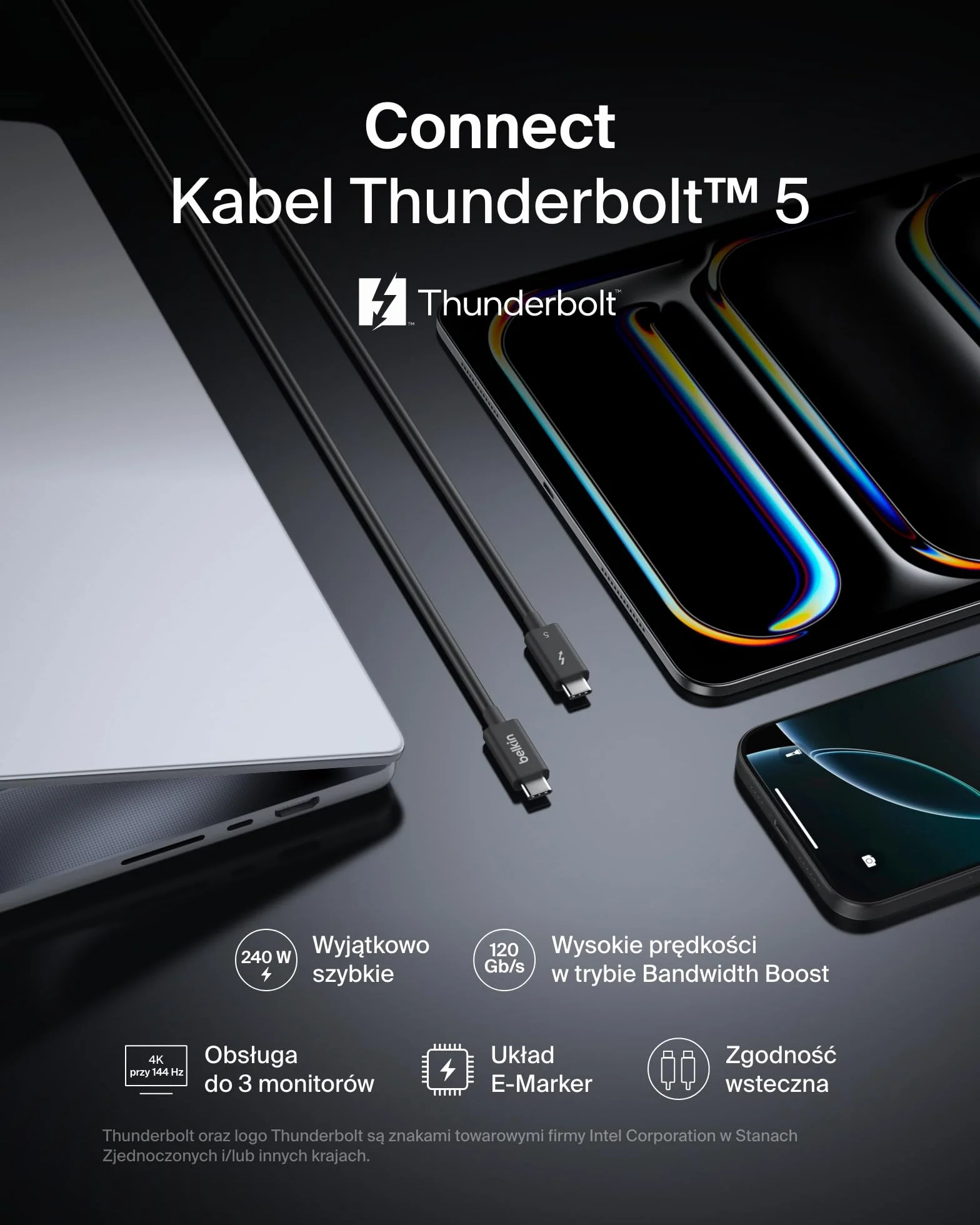 Belkin Kabel USB-C Thunderbolt 5 240 W PD, Bandwidth Boost do 120 Gb/s, 3 razy szybsza transmisja danych, rozdzielczość 4K UHD, 1 m – kabel USB-C do szybkiego ładowania z certyfikatem Intel – czarny