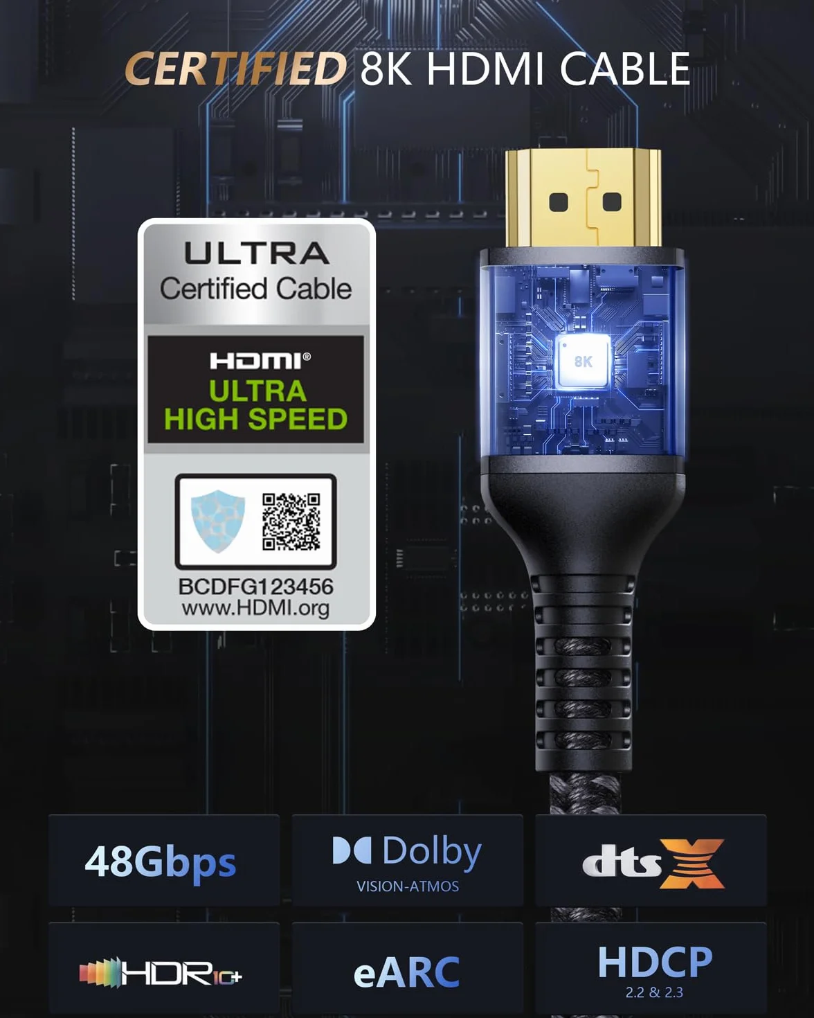 Kabel HDMI 2.1 1,8M,Stouchi Certyfikat 8K Ultra HD 48Gbps High Speed 8K60 4K120 144Hz RTX 3080 eARC HDR10 4:4:4 HDCP 2.2 i 2.3 Dolby Kompatybilny z Fire TV/Roku TV/PS5/Xbox Series X/Samsung/Sony/LG