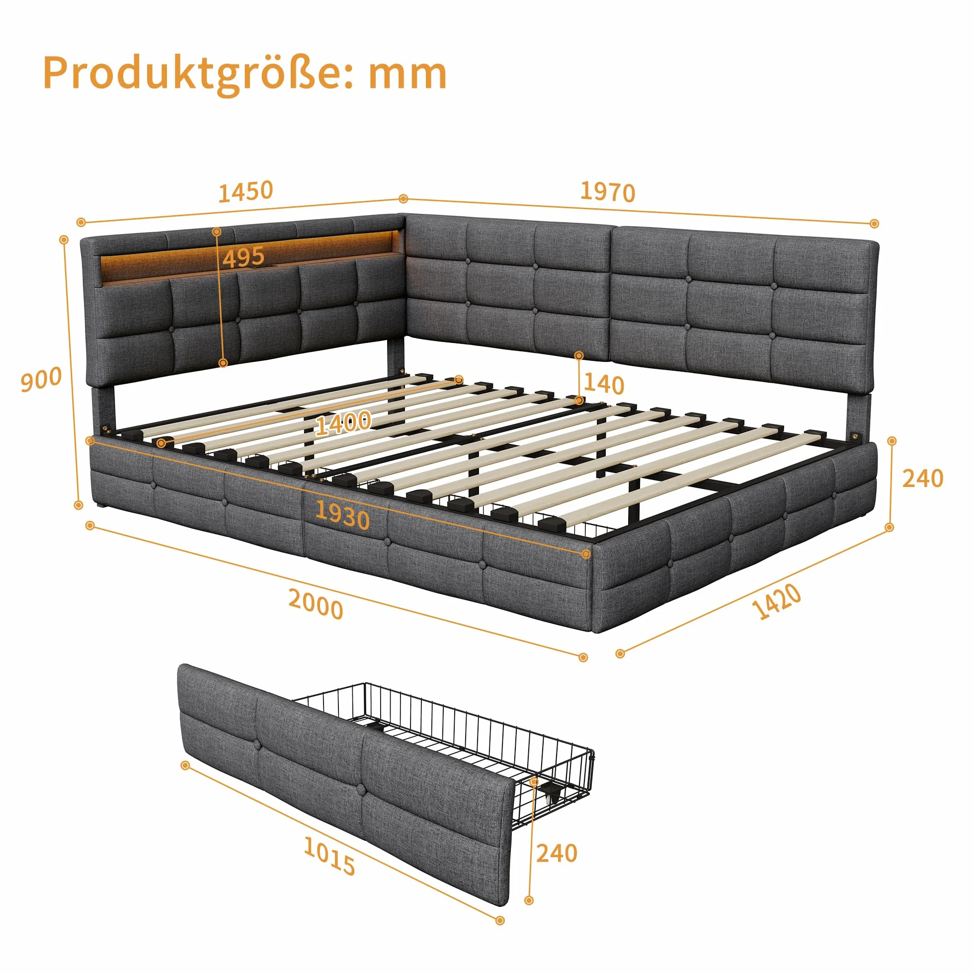 Łóżko tapicerowane, podwójne, 140 x 190 cm, z miejscem do przechowywania, łóżko dzienne, sofa z 2 szufladami, łóżko młodzieżowe z diodami LED i USB, łóżko funkcyjne ze stelażem, len, szare (szare, 140