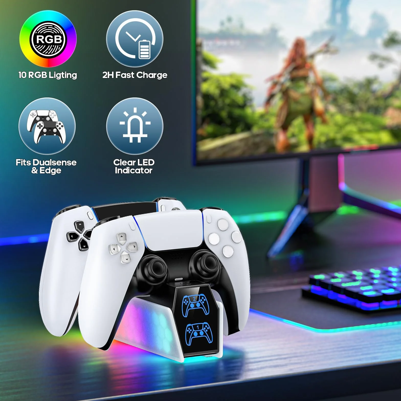 KDD Stacja ładująca do kontrolera PS5 i PS5 Edge, ładowarka z wskaźnikiem LED, akcesoria do Playstation 5 z kablem USB-C