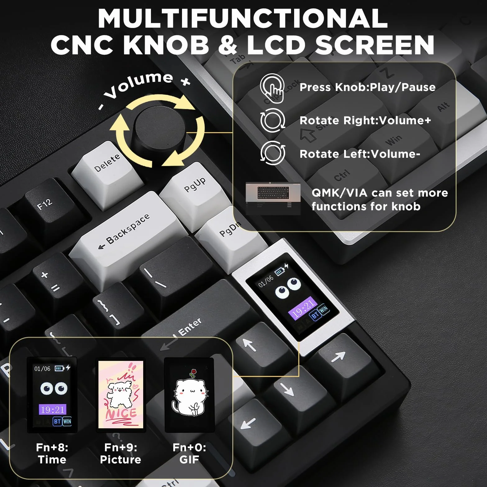 YUNZII AL80 Bezprzewodowa klawiatura mechaniczna,pełna aluminiowa CNC, inteligentny wyświetlacz LCD,mocowanie uszczelki na gorąco 75%,BT/2.4G/USB-C,QMK/VIA Obsługa Win/Mac (czarny, cocoa cream v2)