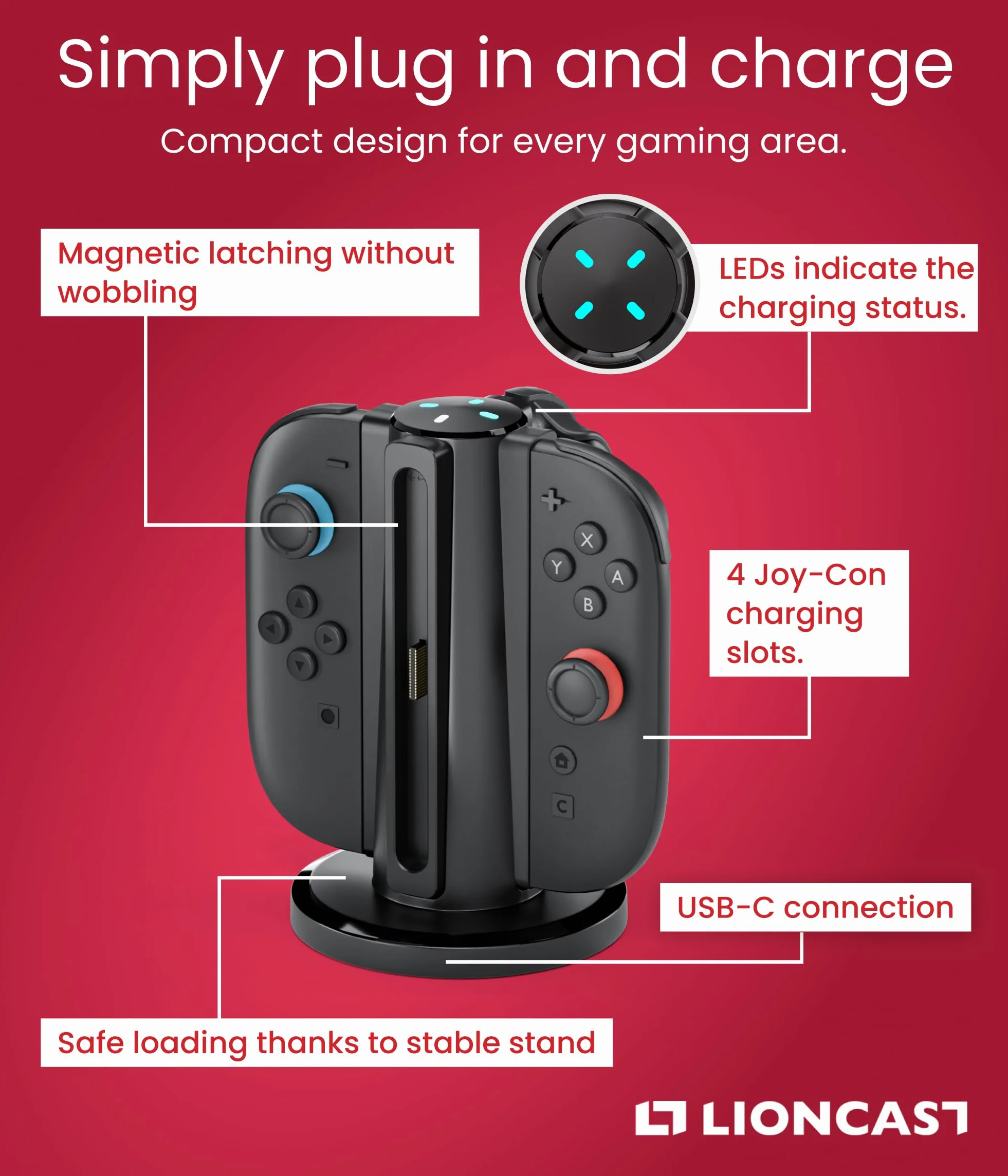 Lioncast Stacja ładująca kompatybilna z kontrolerem Joy Con do Nintendo Switch [ze wskaźnikiem ładowania LED] – uchwyt do kontrolera Nintendo Switch 2, bardzo stabilna podstawa