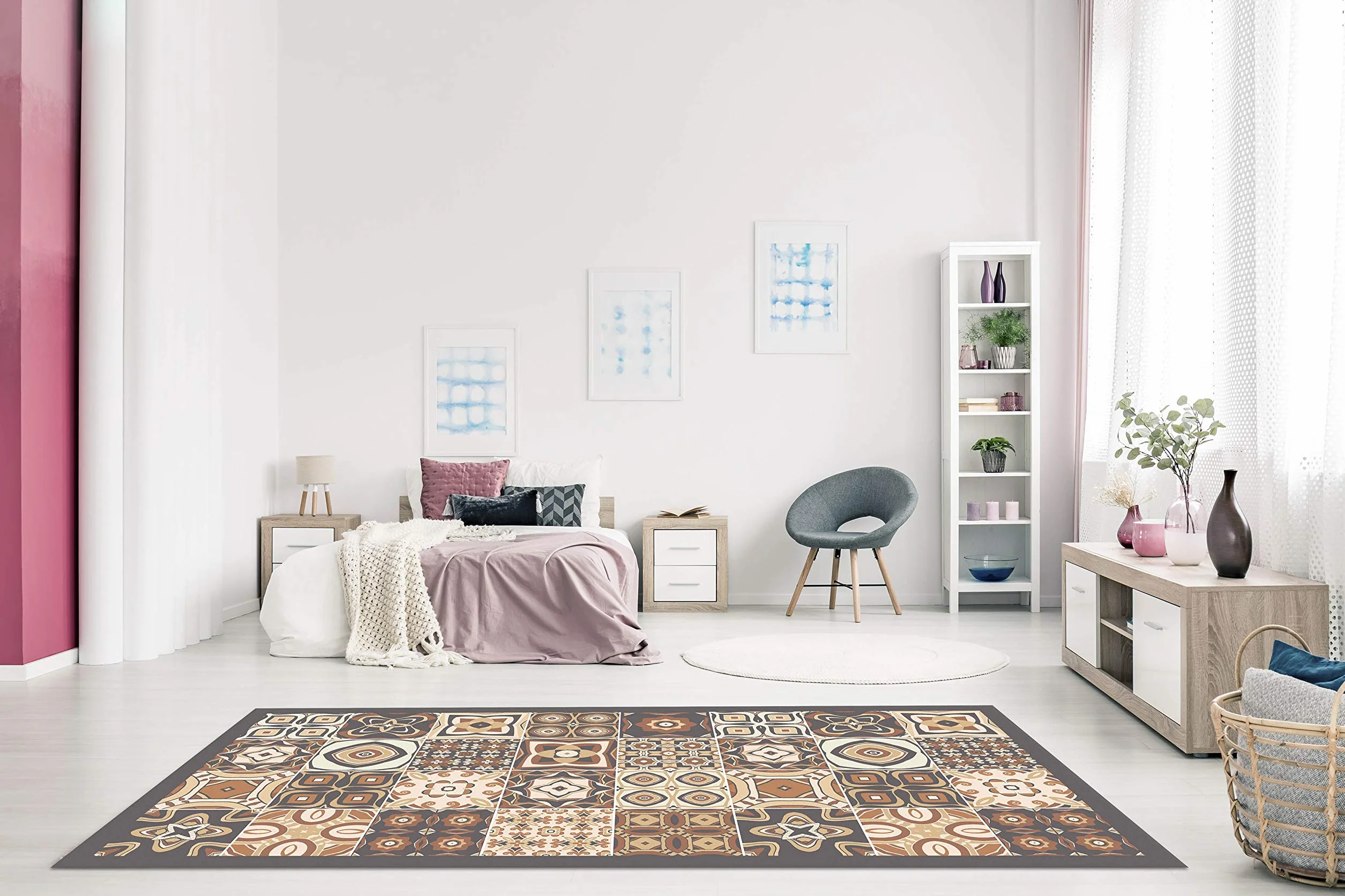 Panorama Mata podłogowa winylowa w płytki cementowe brązowe 200x250 cm - mata kuchenna z linoleum winylowego PVC - antypoślizgowy zmywalny trudnopalny dywan do kuchni, biura salonu - ochrona podłogi