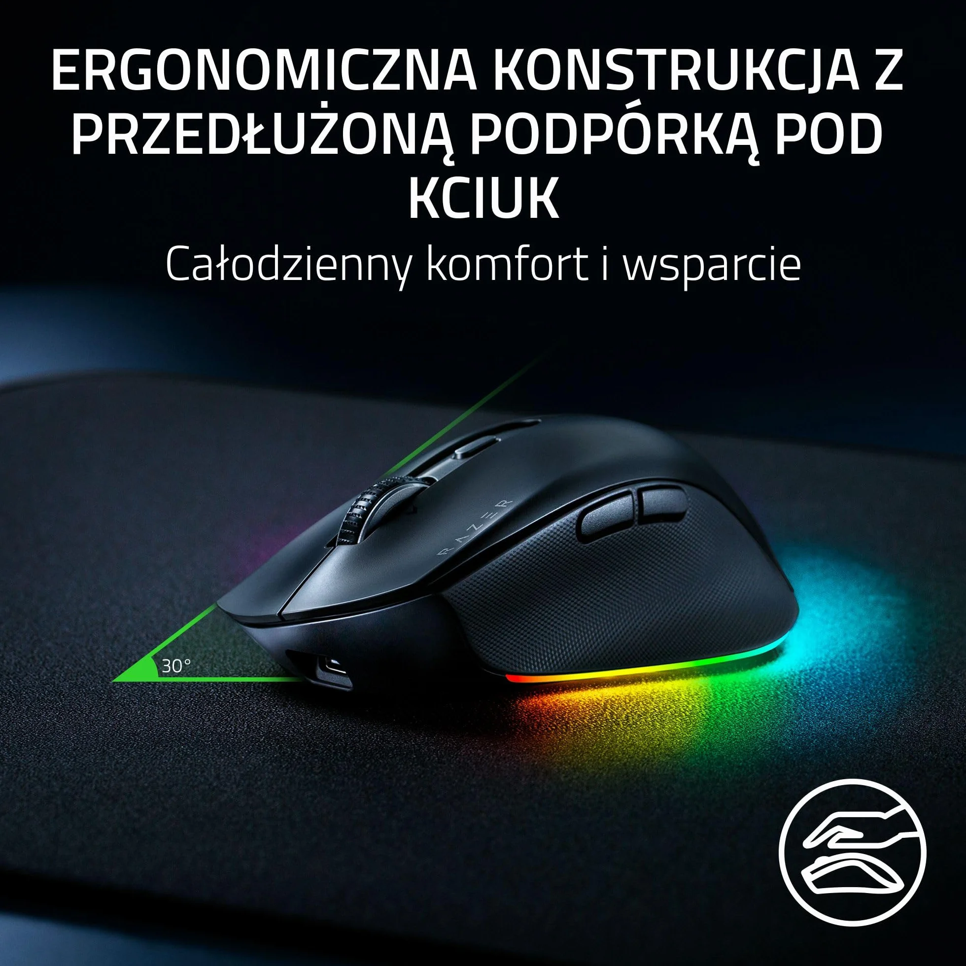 Razer Pro Click V2 - bezprzewodowa ergonomiczna mysz - AI Prompt Assist - czujnik optyczny 30K - 3,5 miesiąca pracy na baterii (14 stref Chroma RGB, przechylane kółko HyperScroll) Czarny